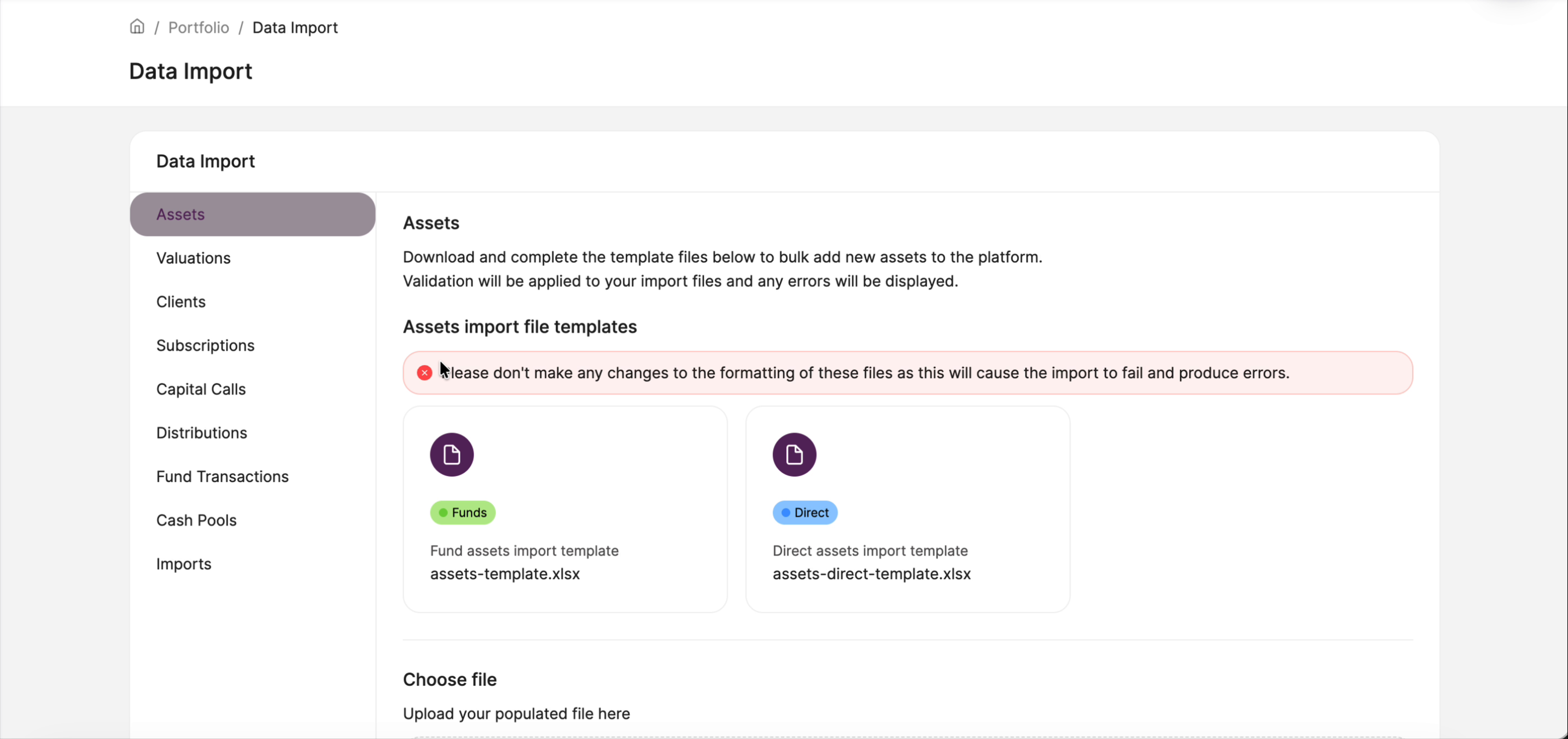 Data Import panel showing the Assets category