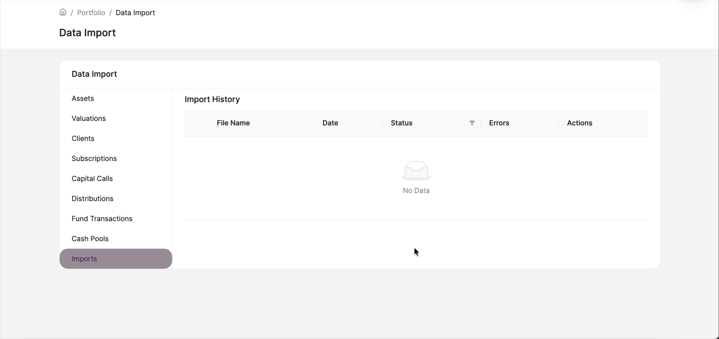 Import History table showing file name, date, status, errors and actions columns