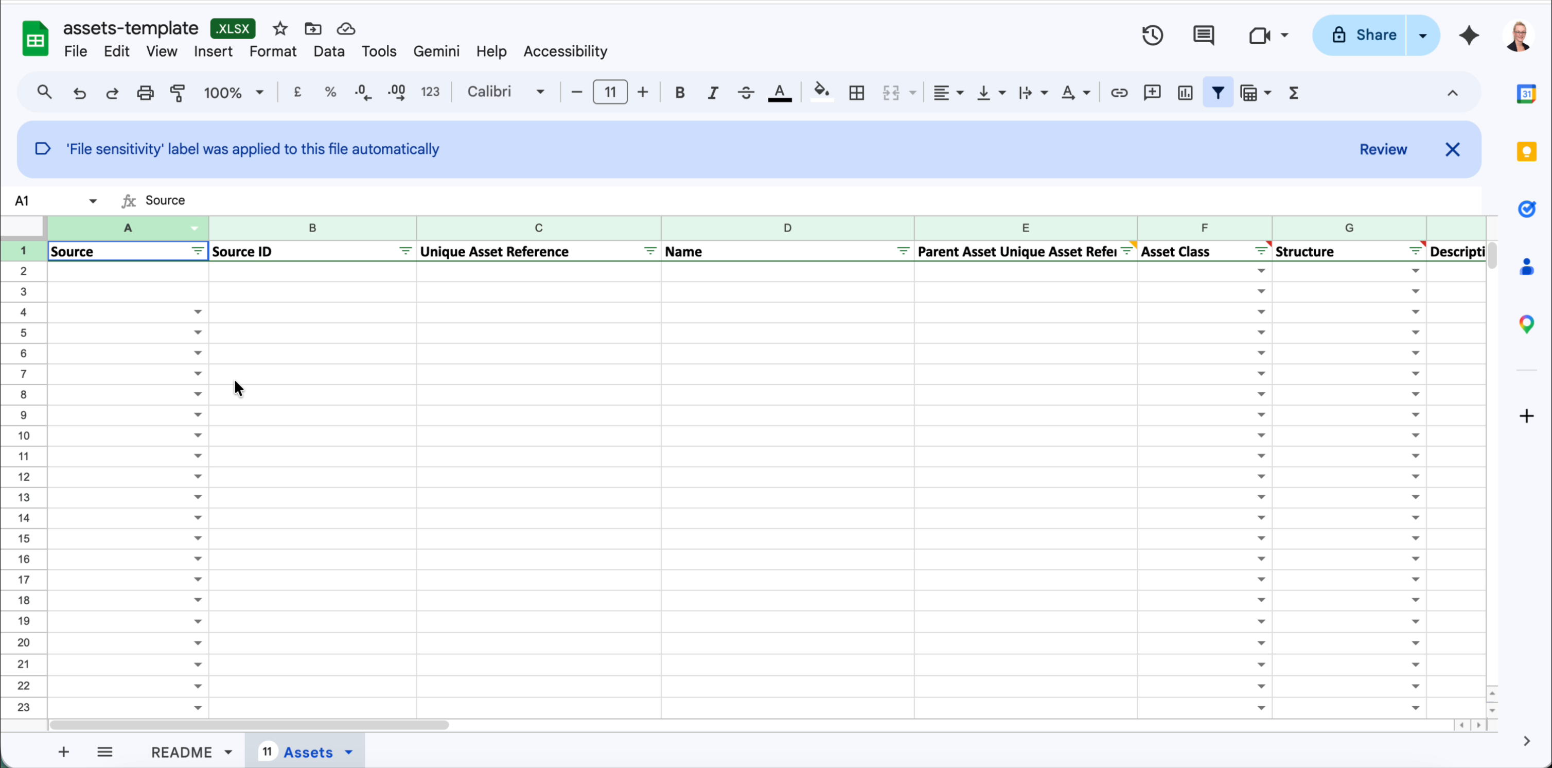 Fund assets template showing the Assets sheet with columns Source through Description