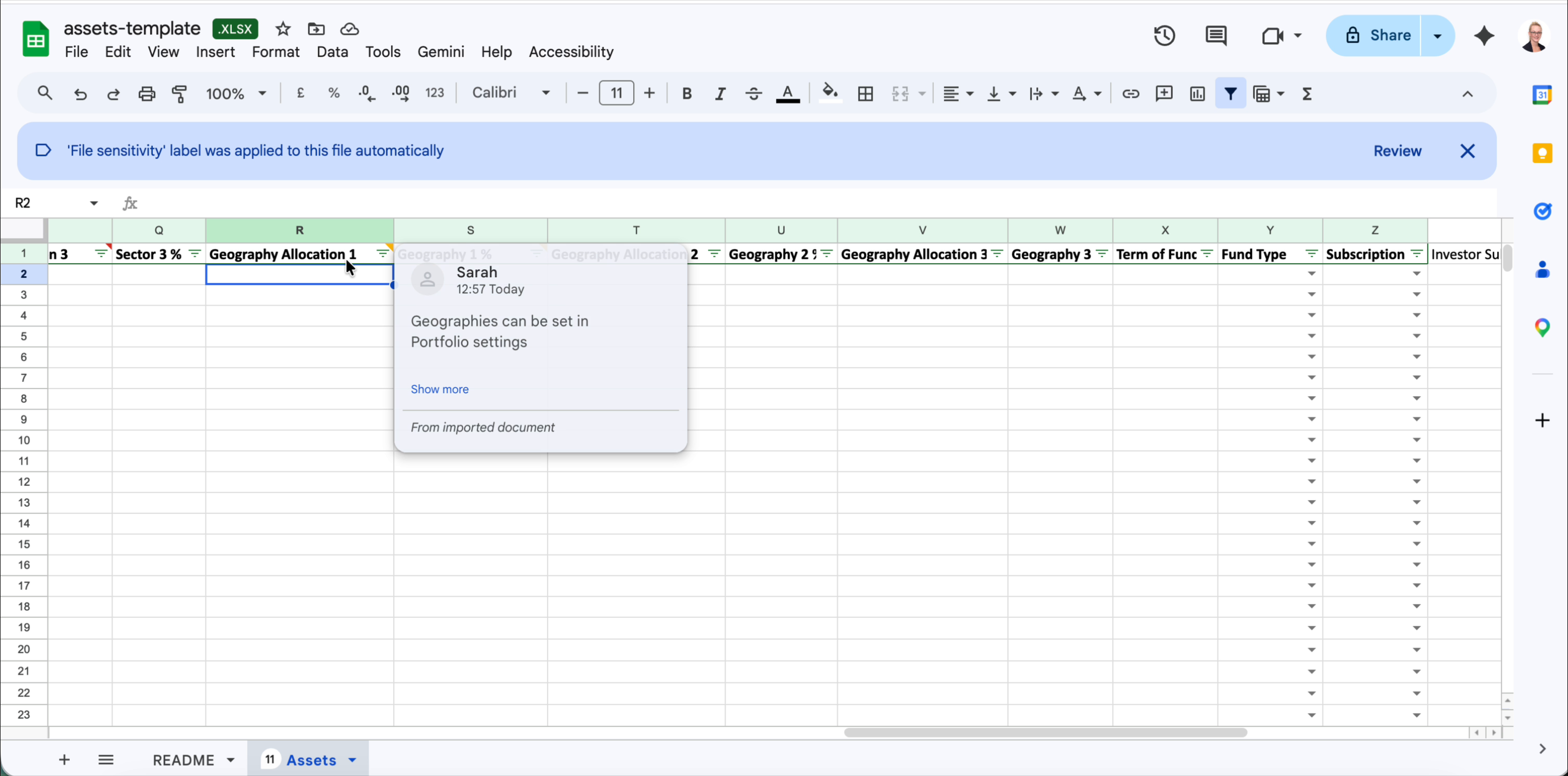 Google Sheets comment on Geography Allocation 1 column reading: Geographies can be set in Portfolio settings