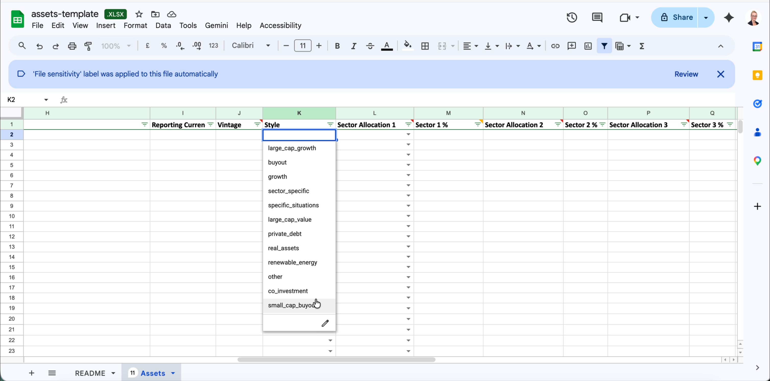 Style dropdown showing all accepted values including large_cap_growth, buyout, growth and others