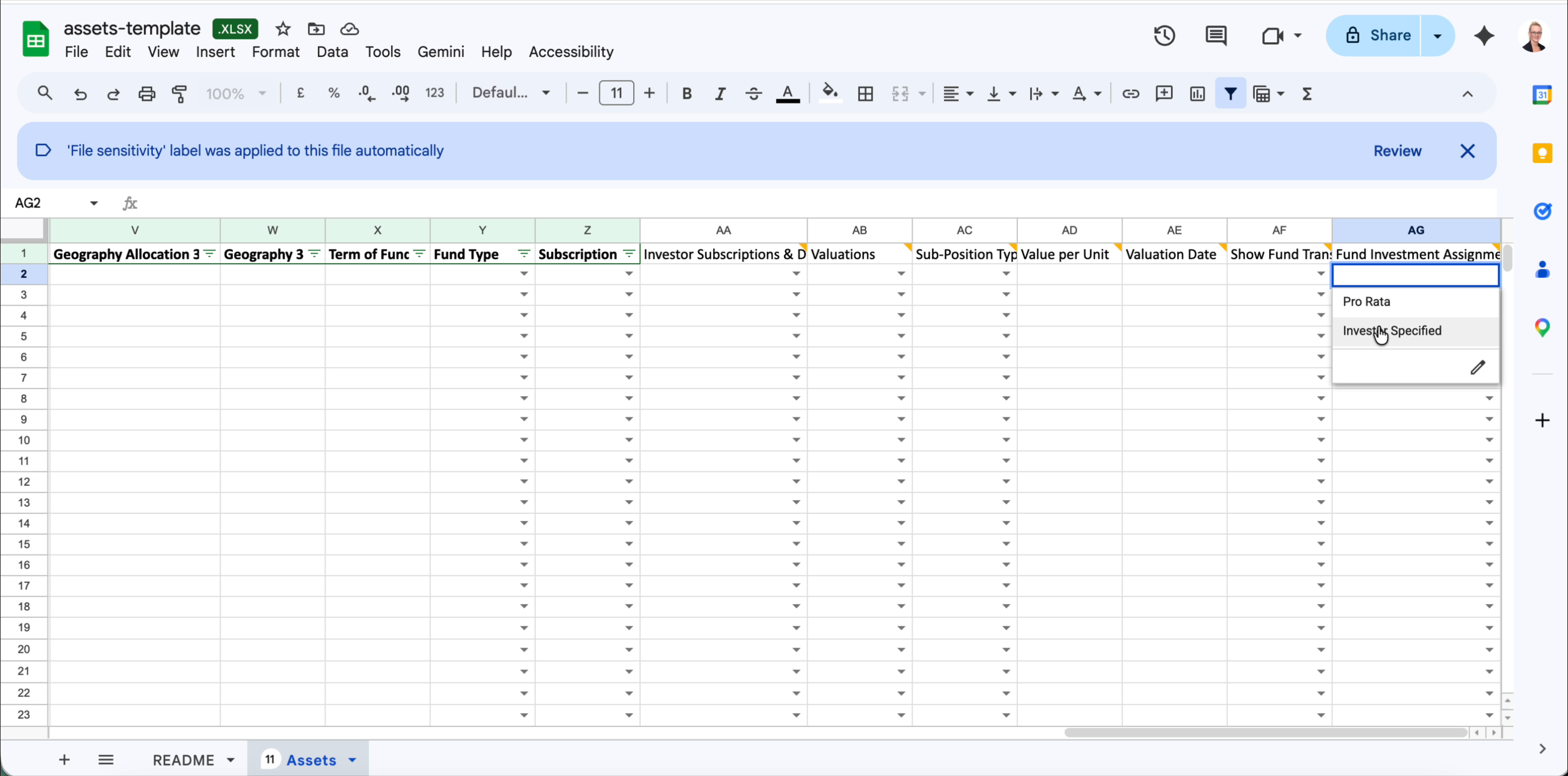 Fund Investment Assignment dropdown with Pro Rata and Investor Specified options
