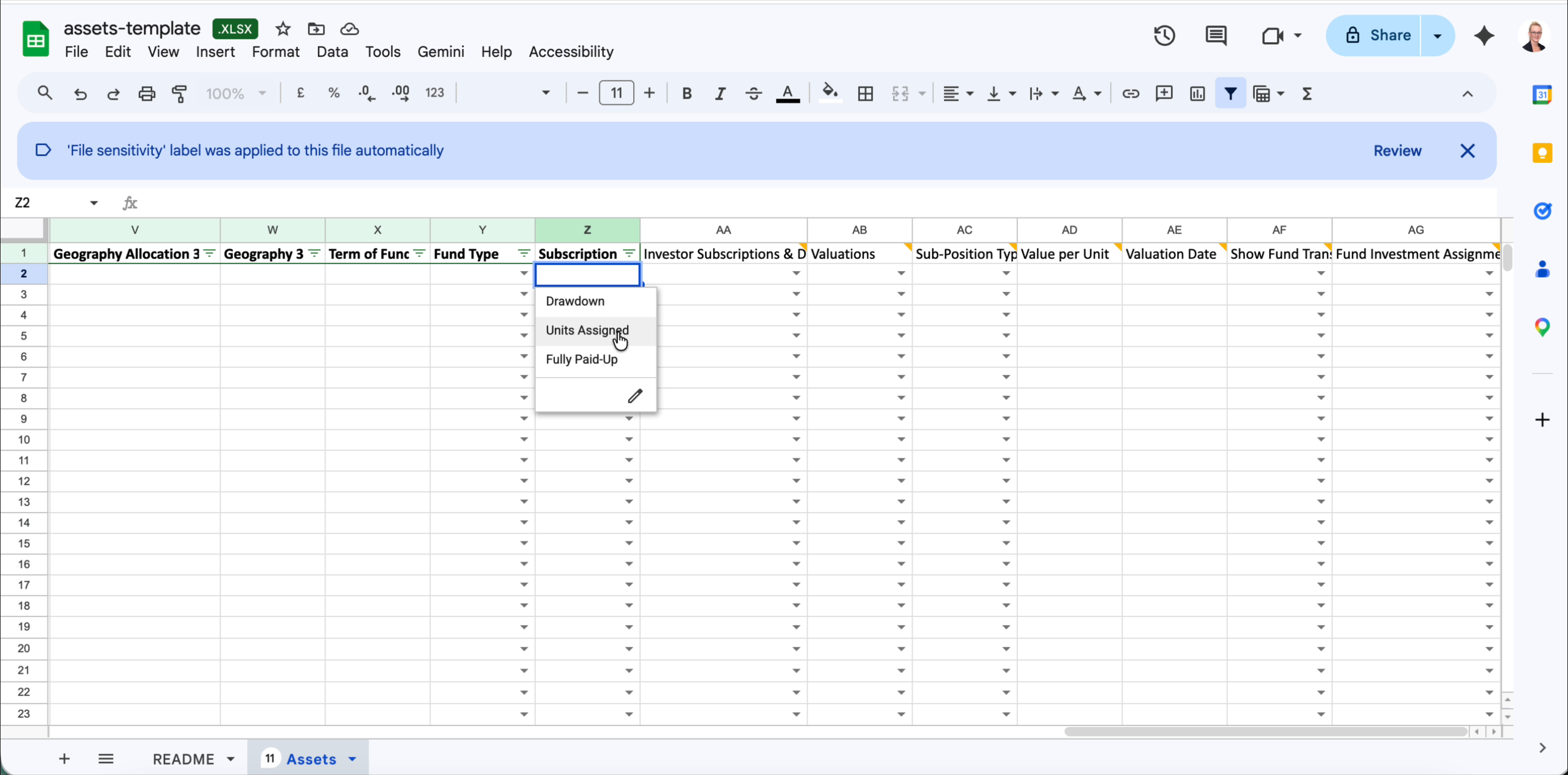 Subscription column dropdown with Drawdown, Units Assigned and Fully Paid-Up options