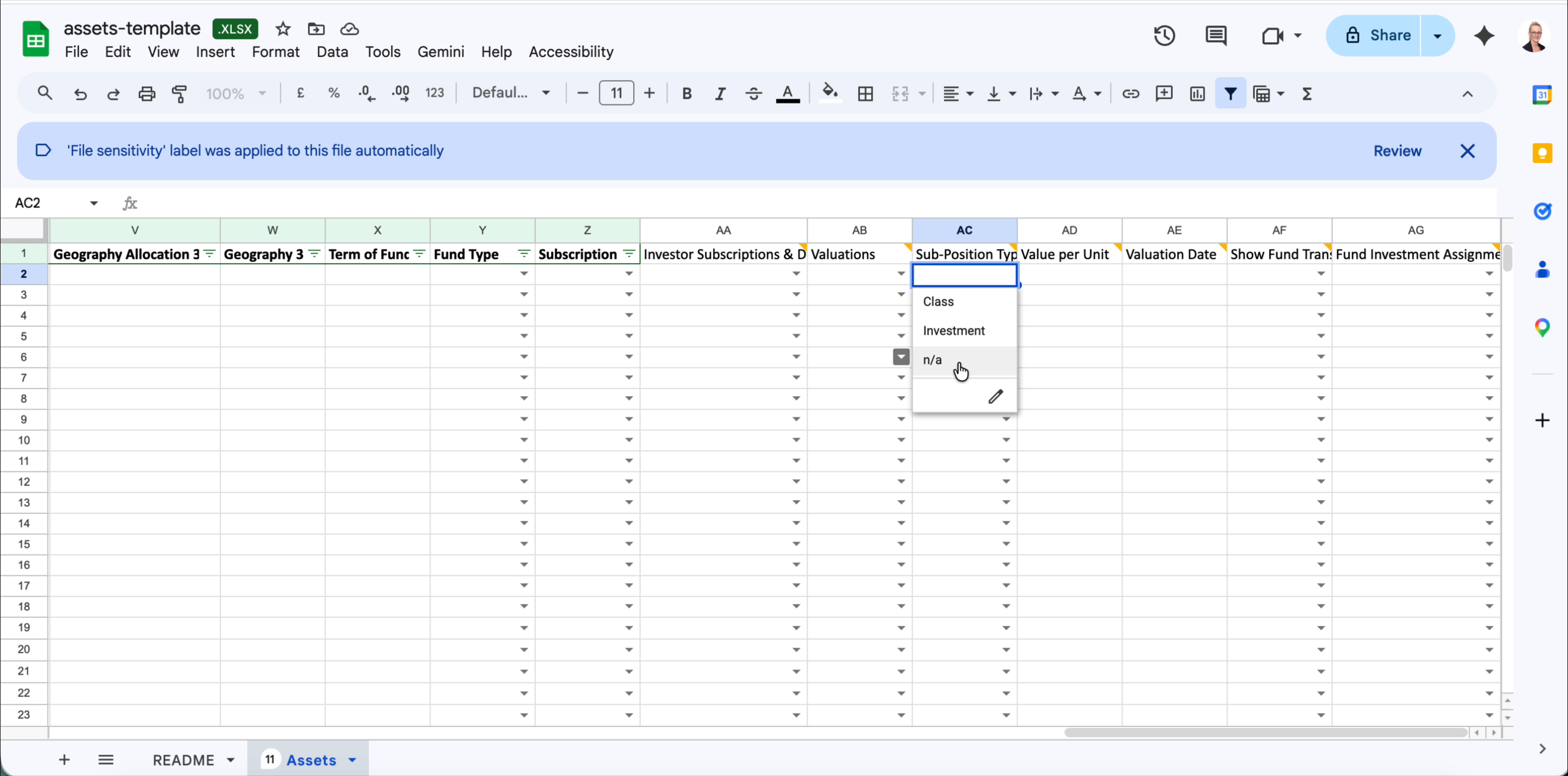 Sub-Position Type dropdown with Class, Investment and n/a