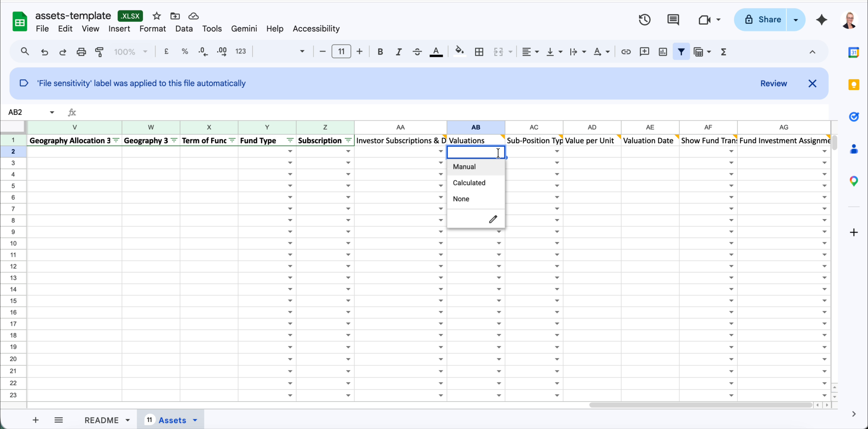 Valuations column dropdown with Manual, Calculated and None options