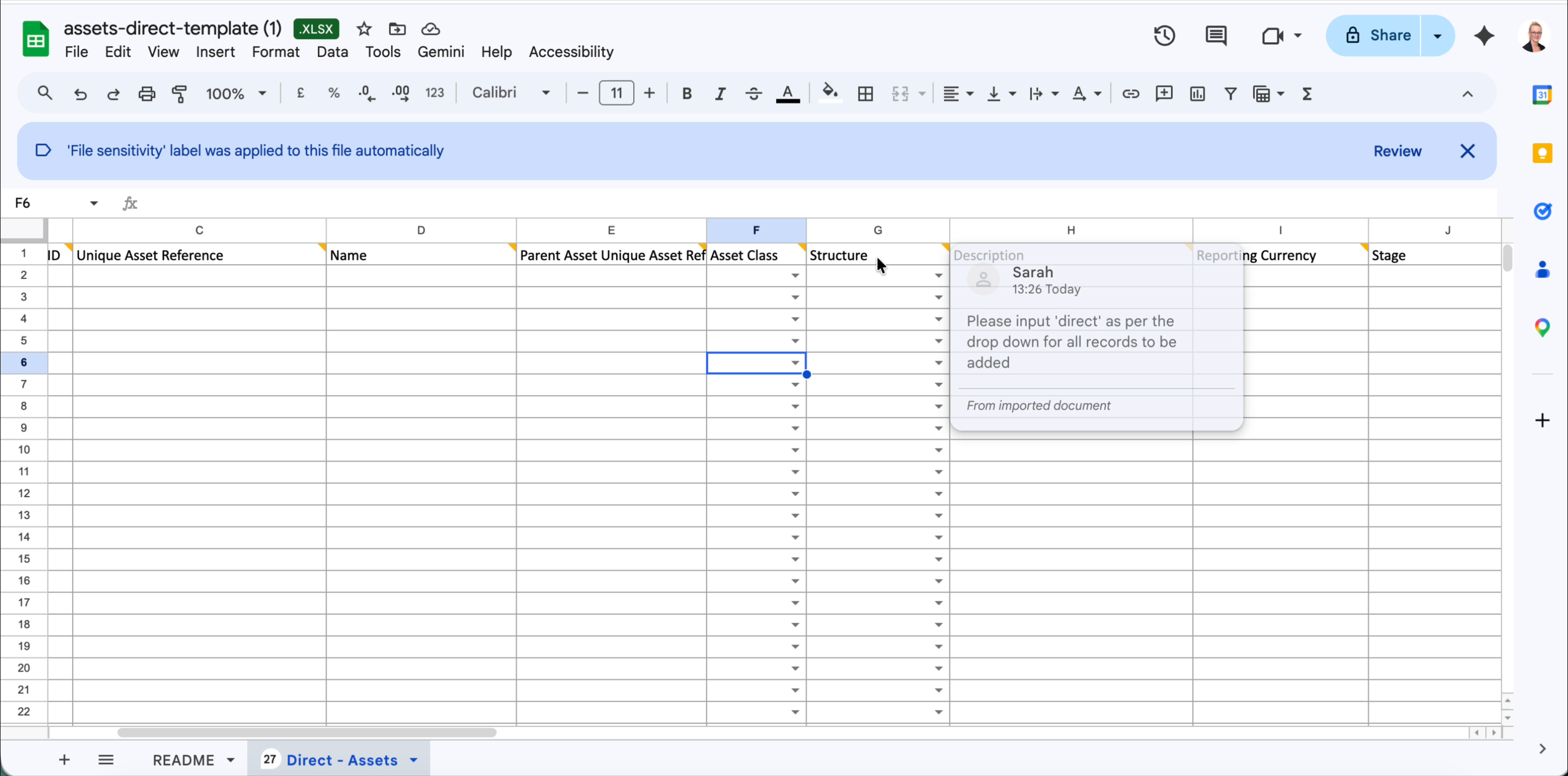 Column comment on Structure field reading: Please input direct as per the drop down for all records to be added