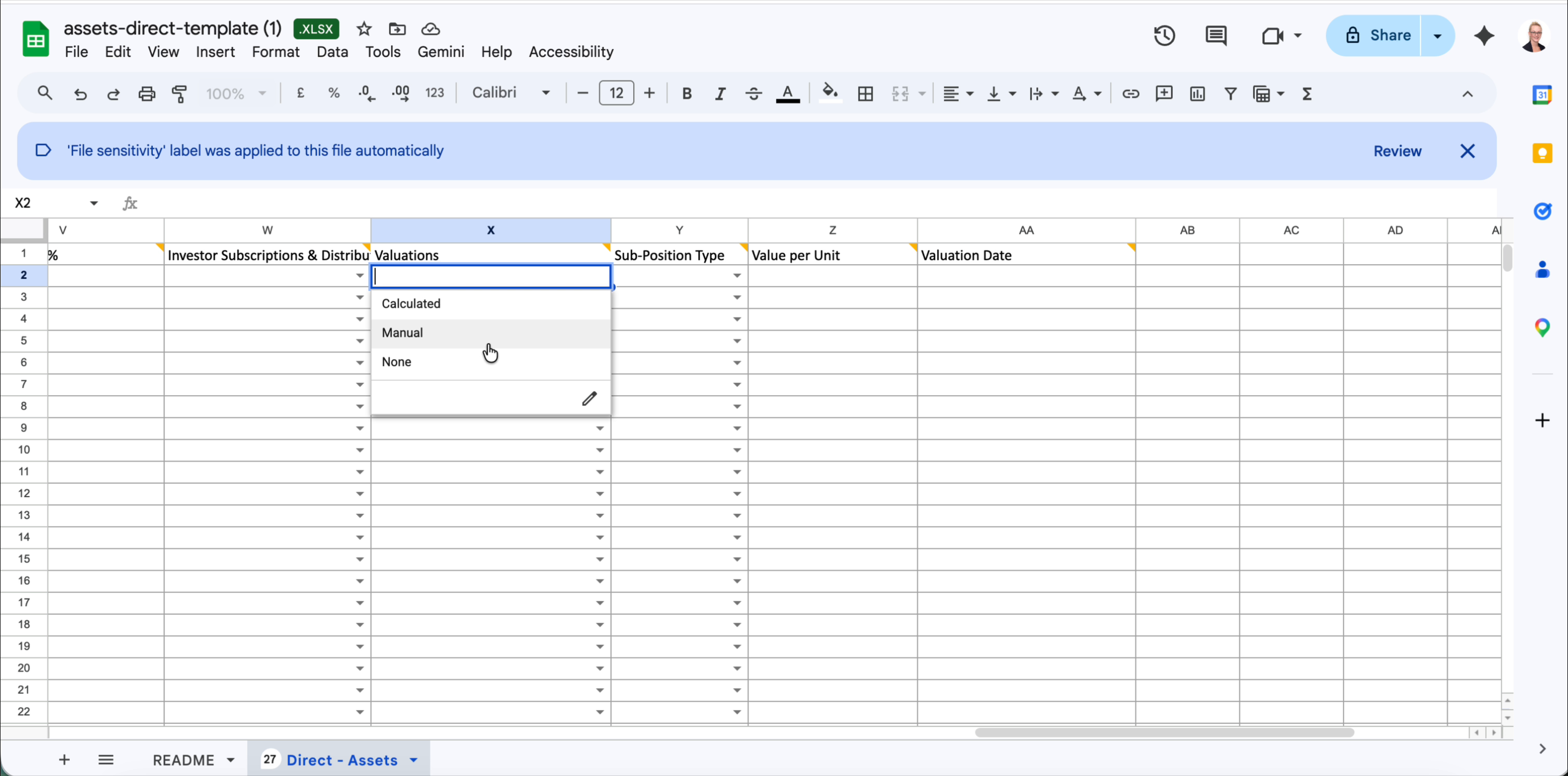 Valuations column dropdown showing Calculated, Manual and None options