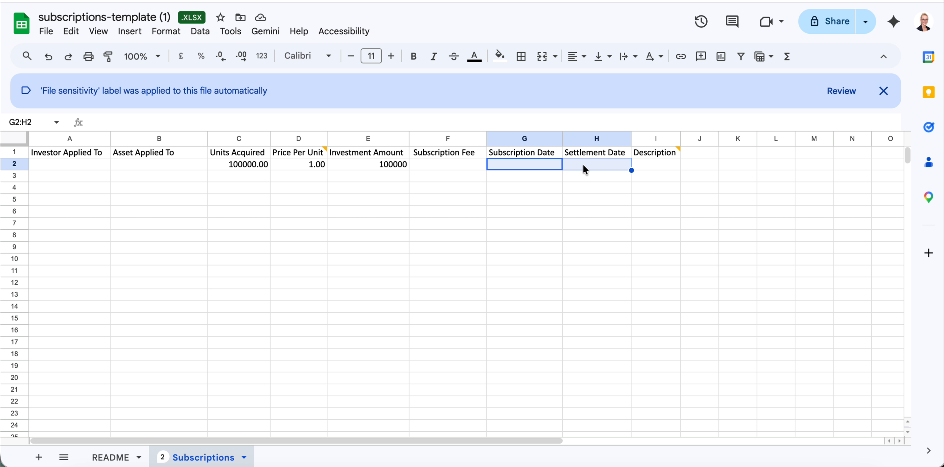 Fund subscriptions template with Subscription Date and Settlement Date columns highlighted