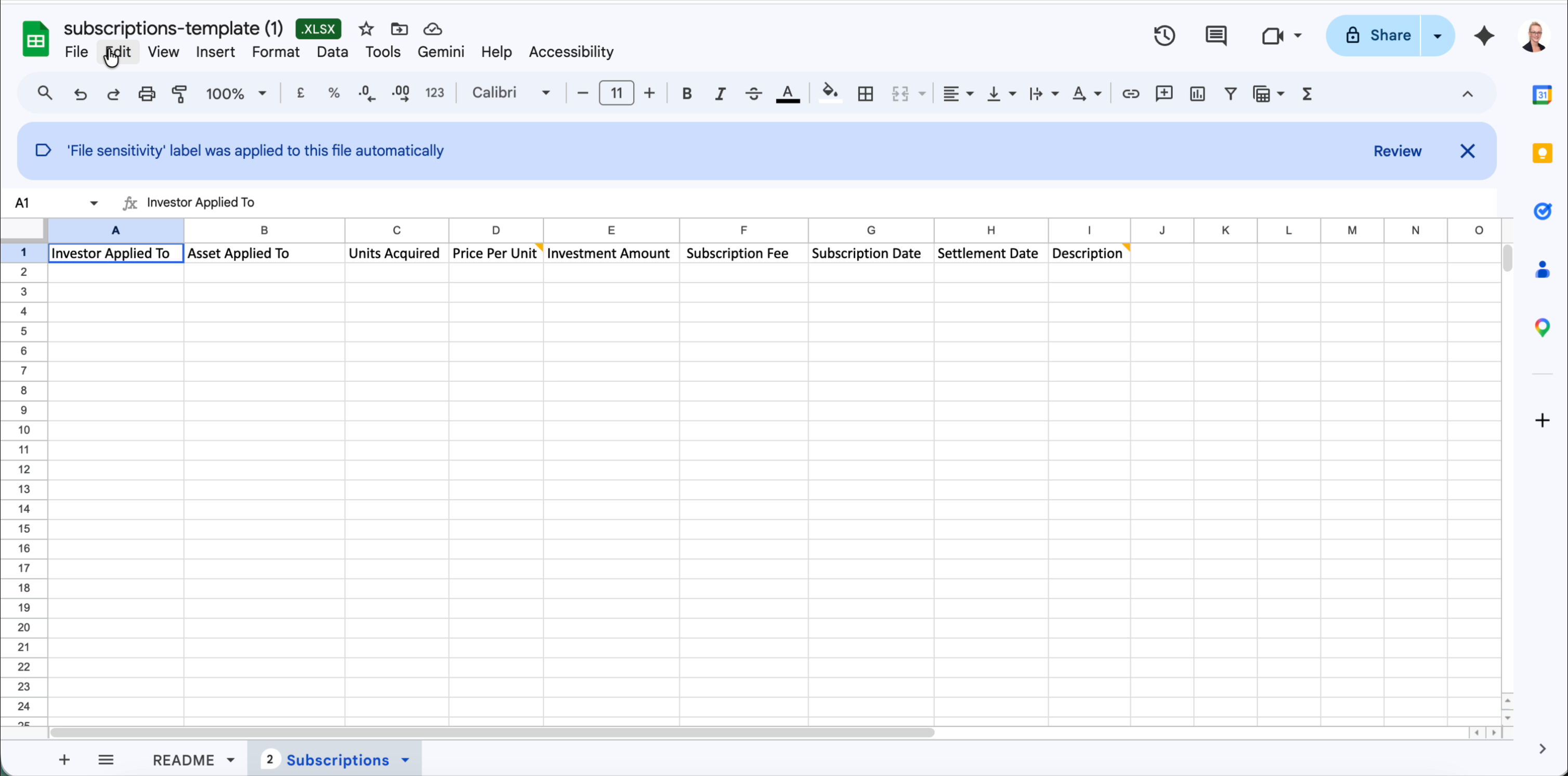 Fund subscriptions template showing columns A through I: Investor Applied To, Asset Applied To, Units Acquired, Price Per Unit, Investment Amount, Subscription Fee, Subscription Date, Settlement Date, Description