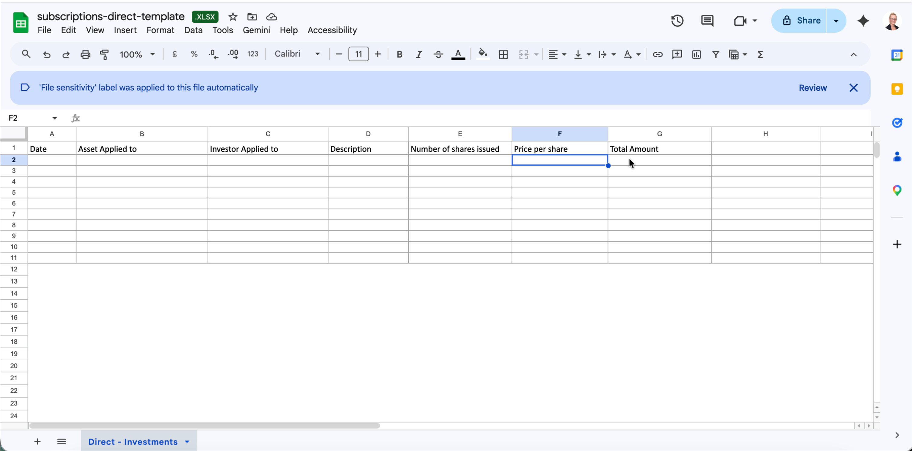 Direct subscriptions template showing all 7 columns: Date, Asset Applied to, Investor Applied to, Description, Number of shares issued, Price per share, Total Amount