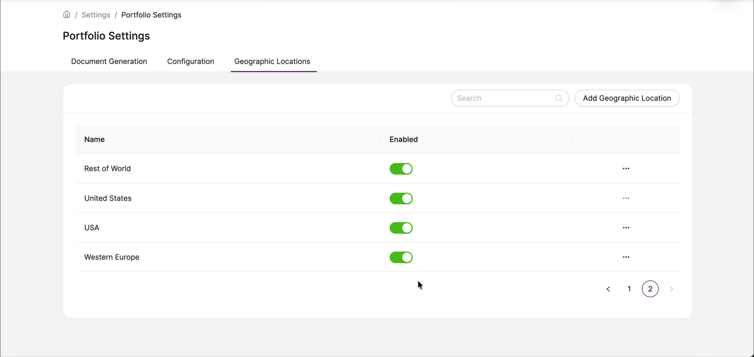 Geographic Locations list showing the newly added USA entry alongside Rest of World, United States and Western Europe