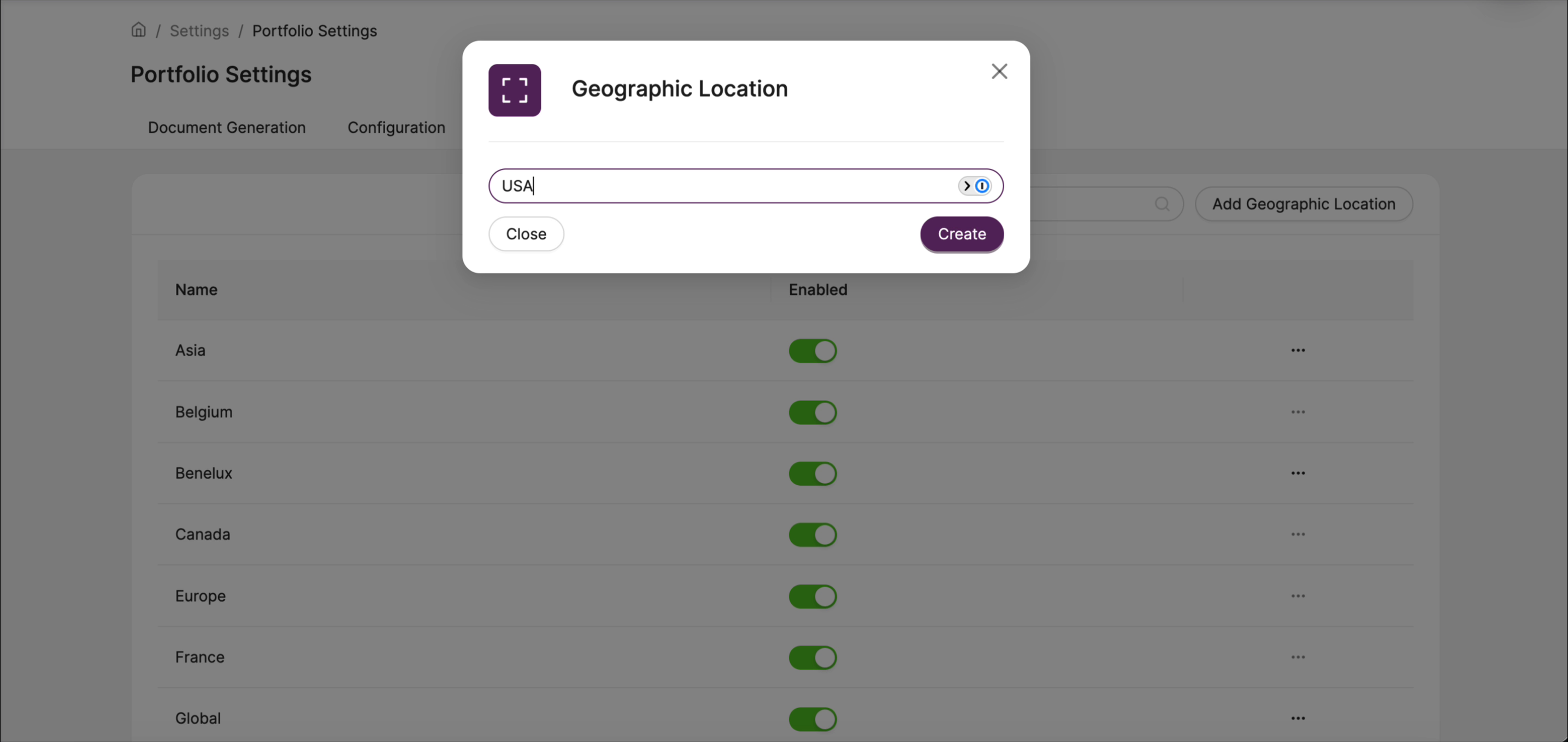 Add Geographic Location modal with USA entered in the text field and a Create button