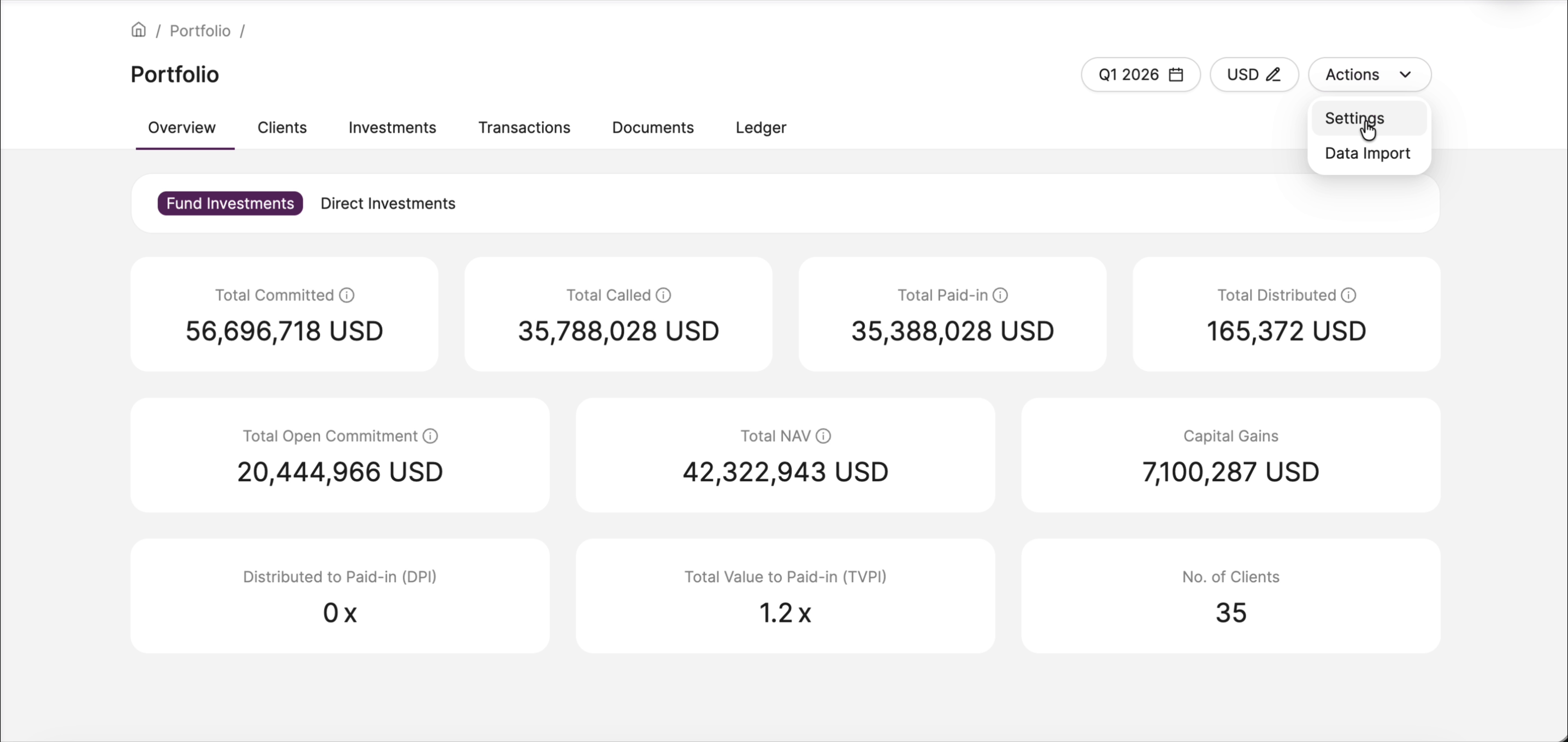 Portfolio page with Actions dropdown open and Settings highlighted