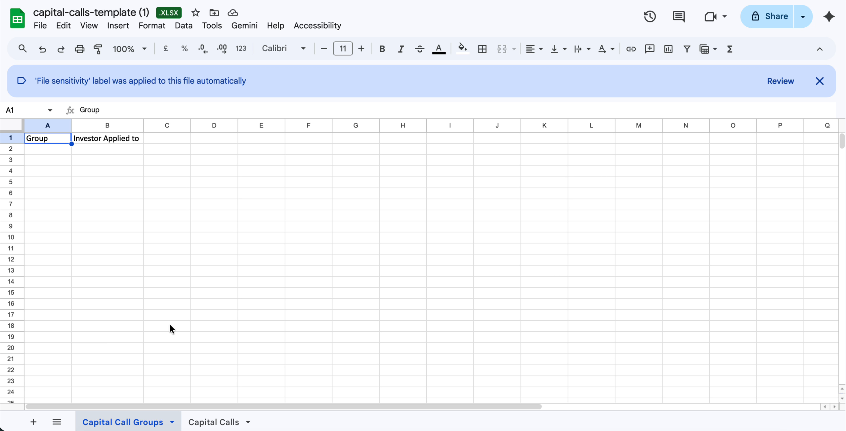 Capital Call Groups sheet showing two columns: Group and Investor Applied to