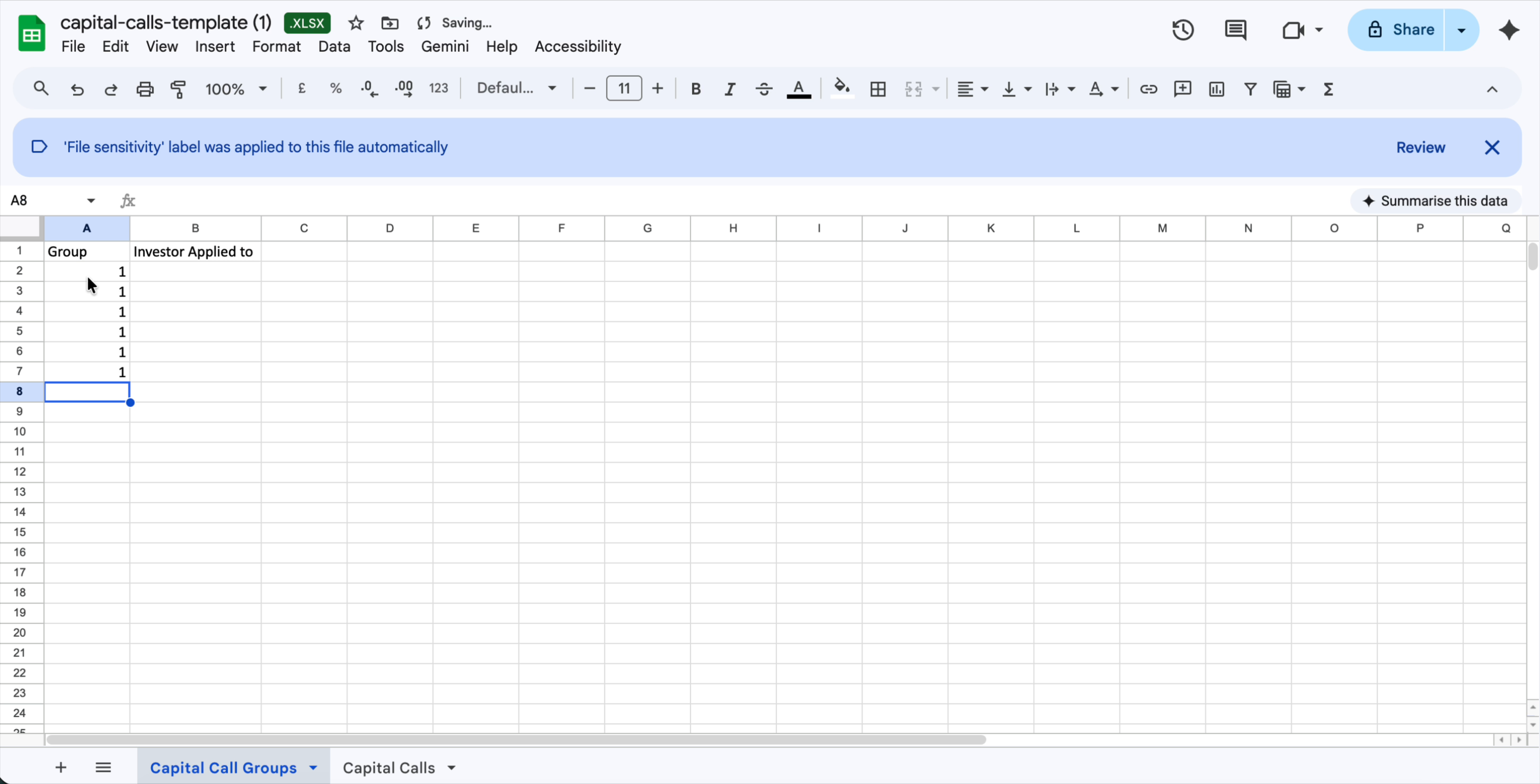 Capital Call Groups sheet with group 1 entered in column A for six rows, with different investors in column B