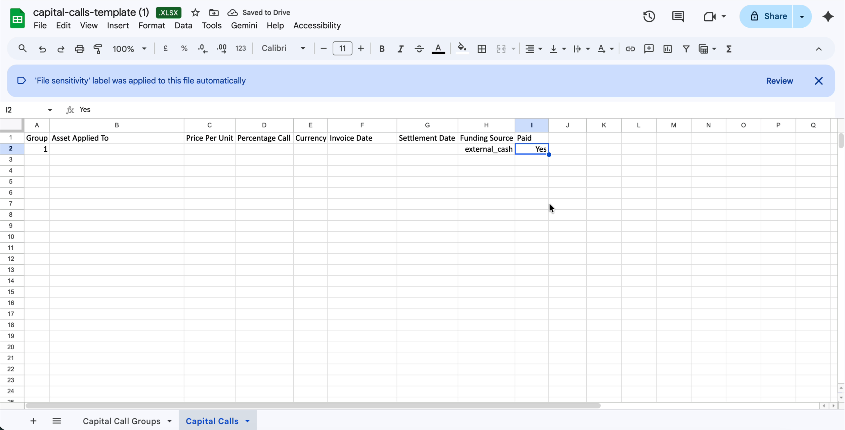 Capital Calls sheet with Paid column set to Yes