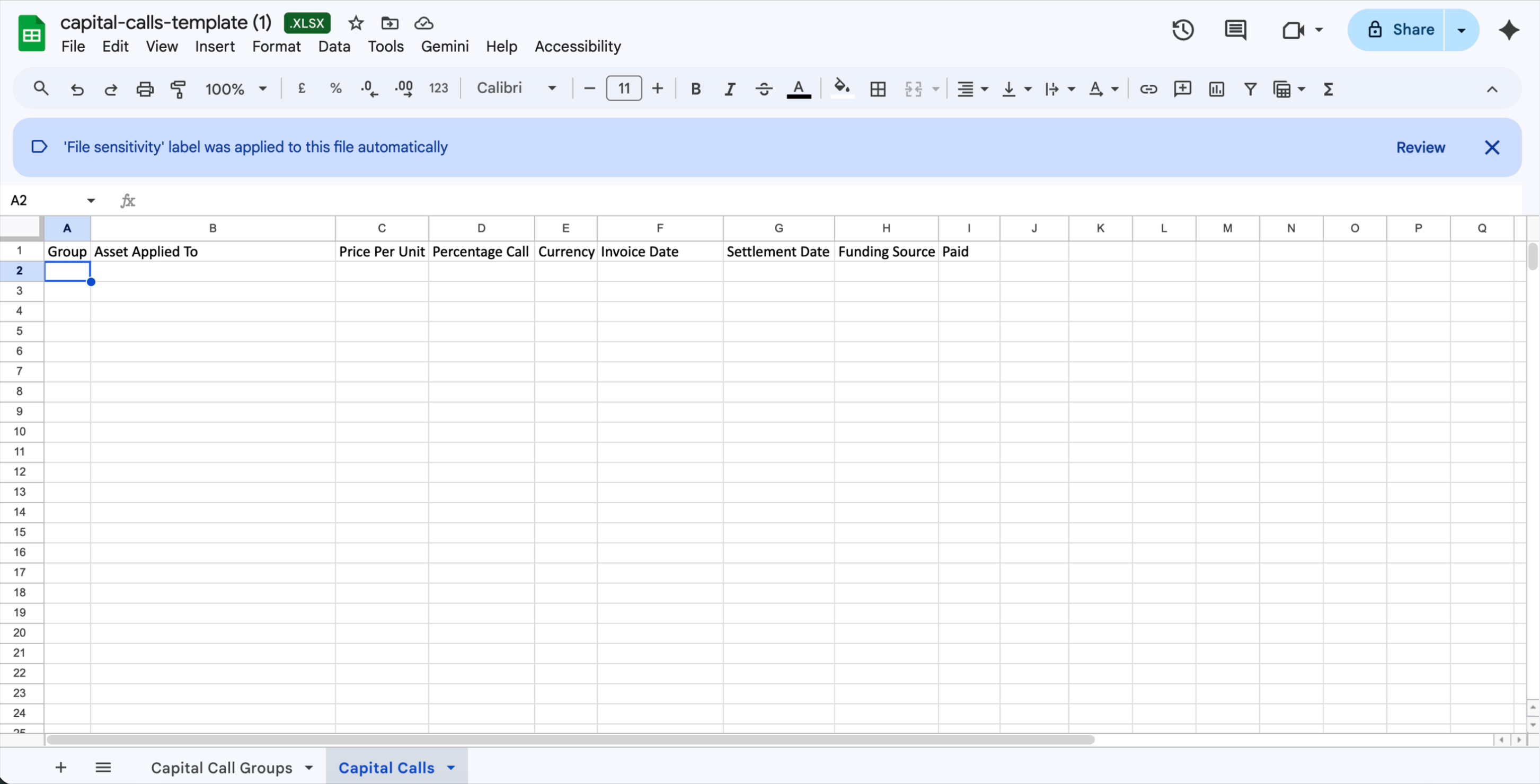 Capital Calls sheet showing all 9 columns: Group, Asset Applied To, Price Per Unit, Percentage Call, Currency, Invoice Date, Settlement Date, Funding Source, Paid