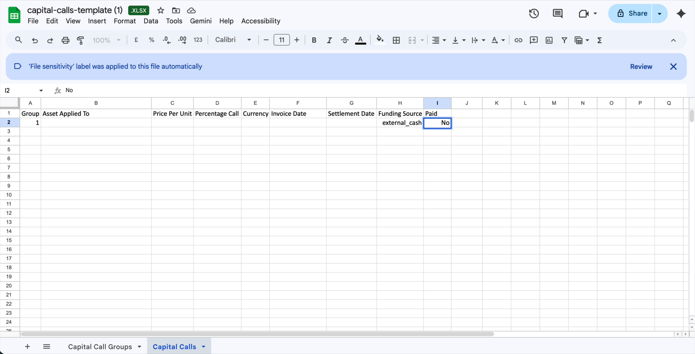 Capital Calls sheet with Paid column set to No