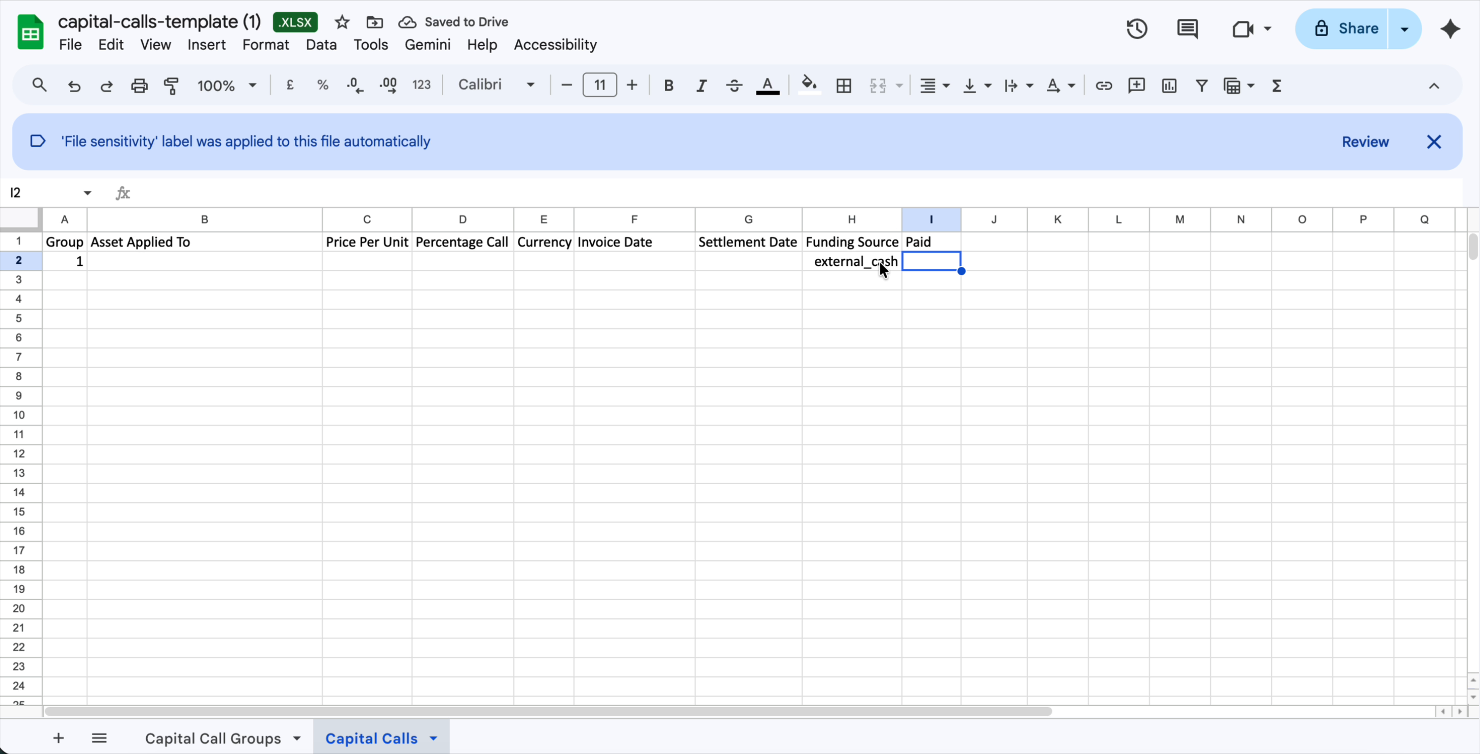 Capital Calls sheet with external_cash entered in the Funding Source column