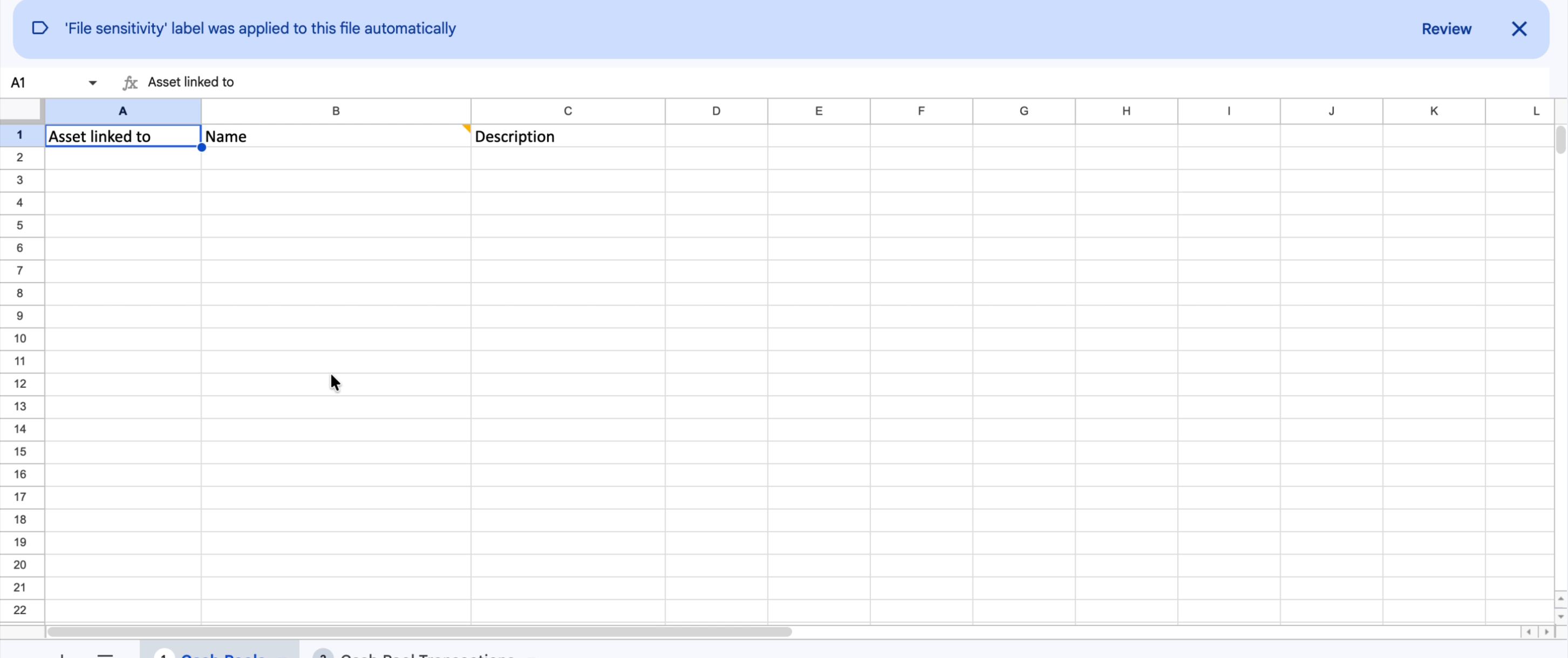 Cash Pools sheet showing the three column headers: Asset linked to, Name, Description