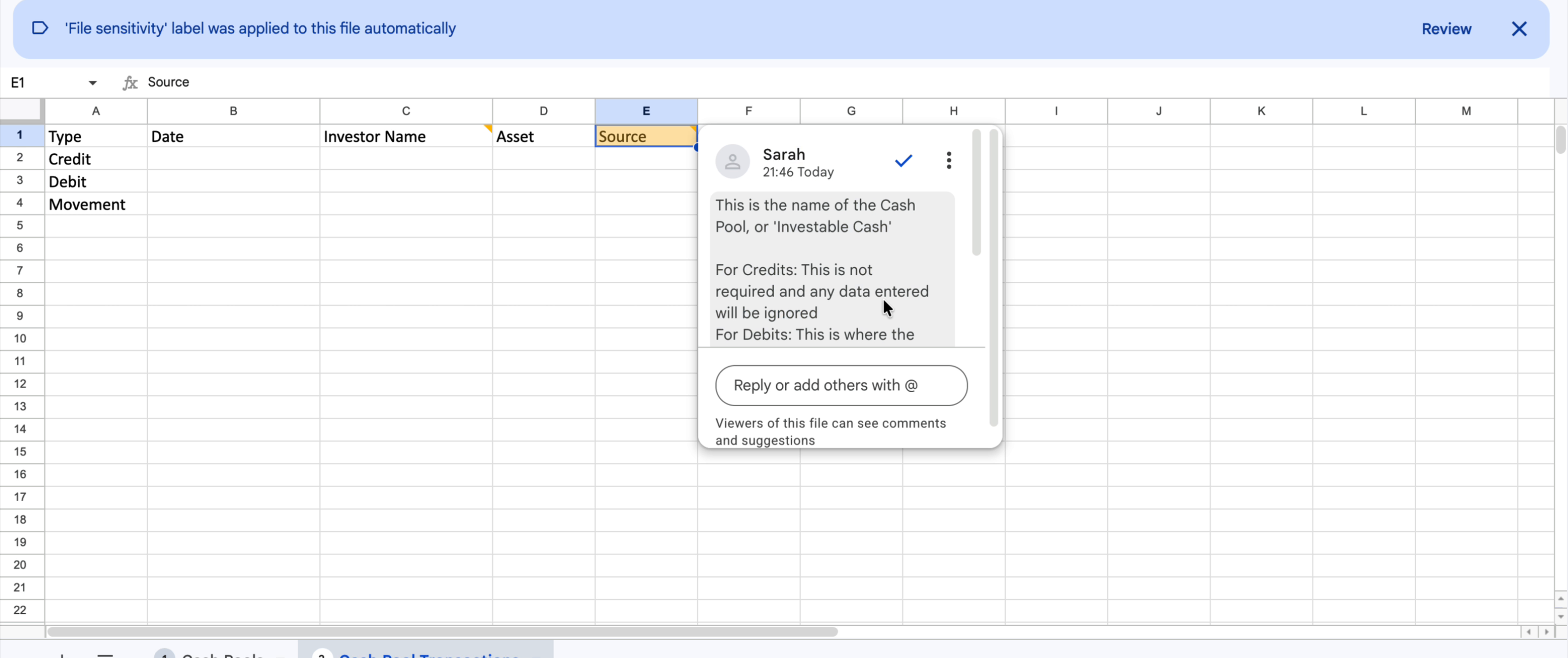 Cash Pool Transactions sheet with the Source column selected and an annotation comment explaining its usage for Credits, Debits and Movements