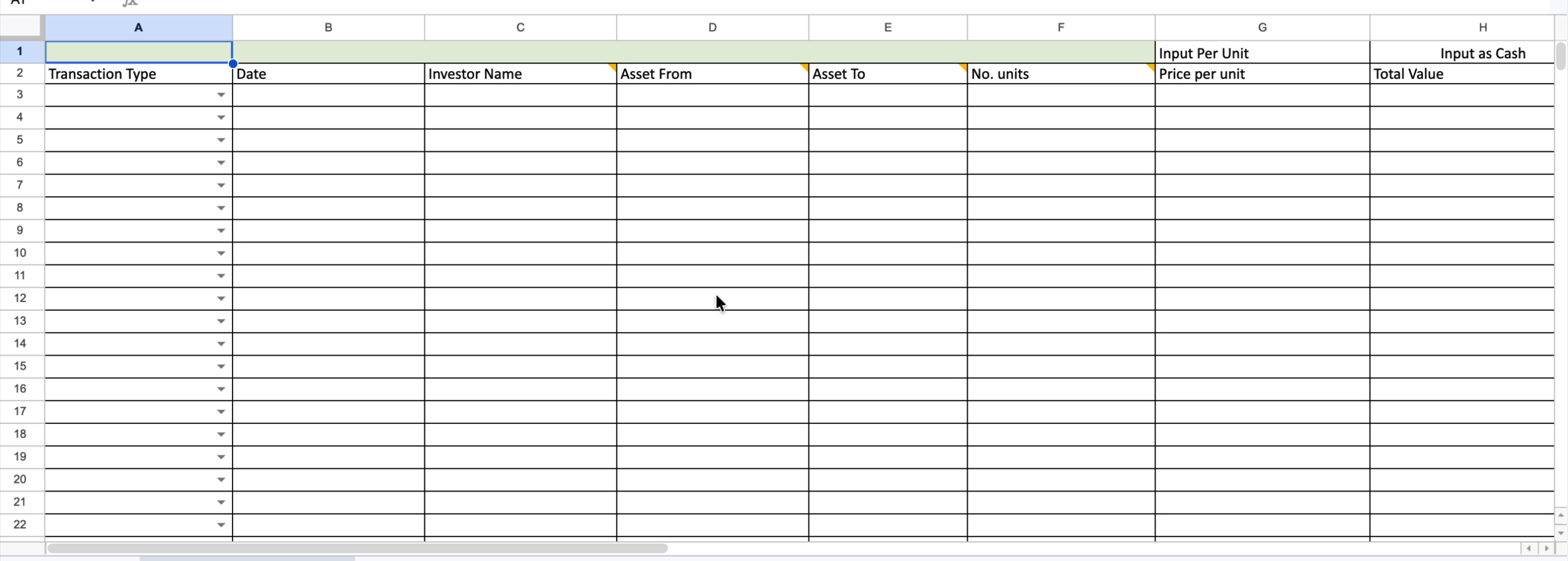 Fund transactions template showing all column headers