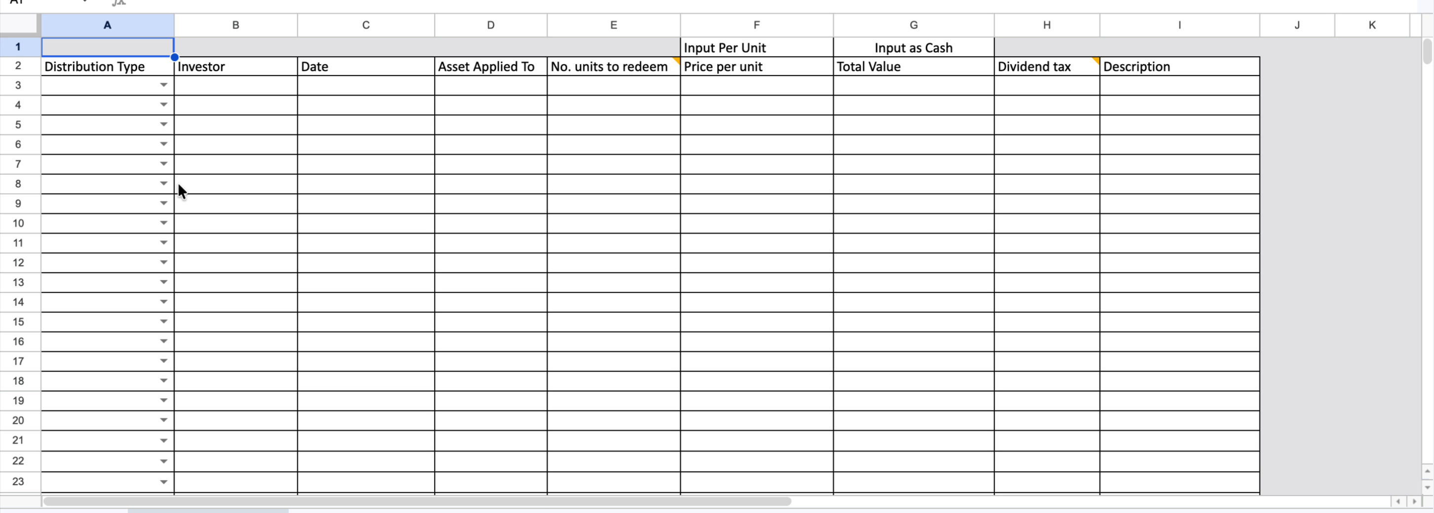 Distributions template showing all column headers
