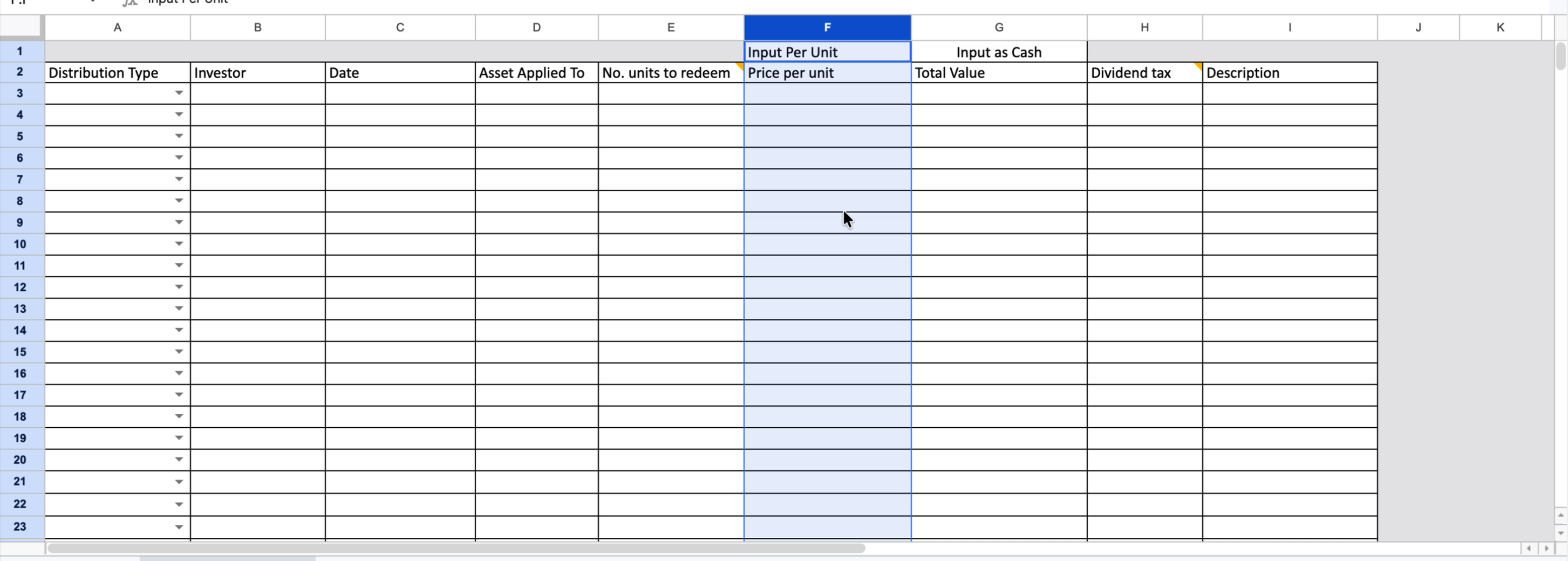 Price per unit column highlighted, showing Input Per Unit grouping header