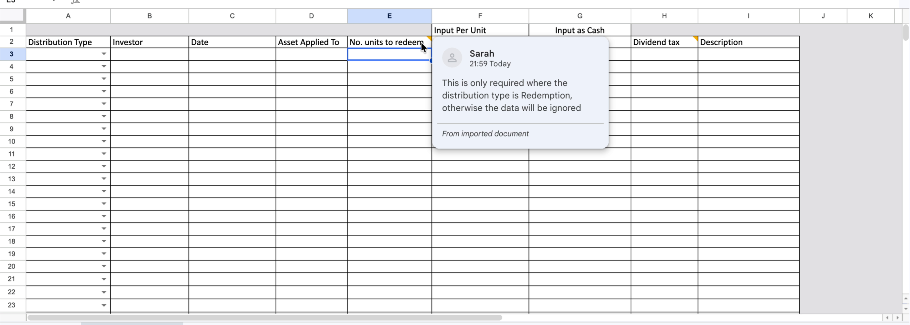 No. units to redeem column selected, showing tooltip: only required where distribution type is Redemption