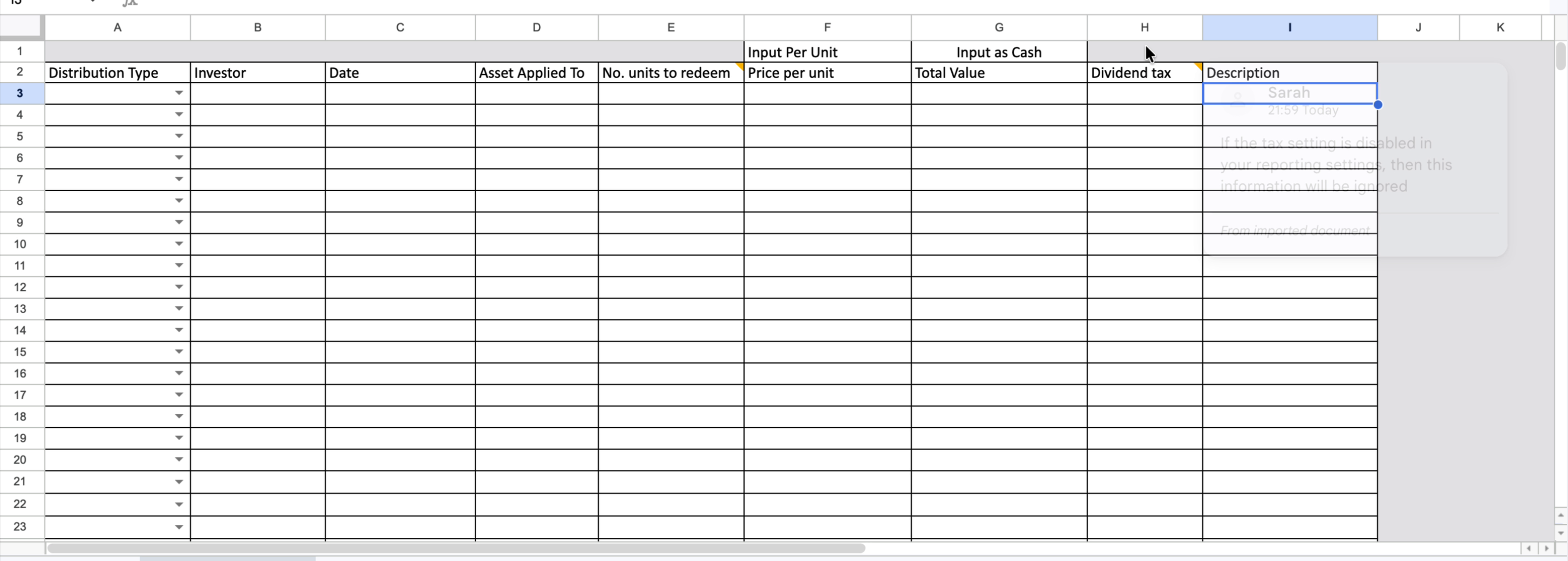 Dividend tax column selected, tooltip reads: if the tax setting is disabled in your reporting settings, this information will be ignored