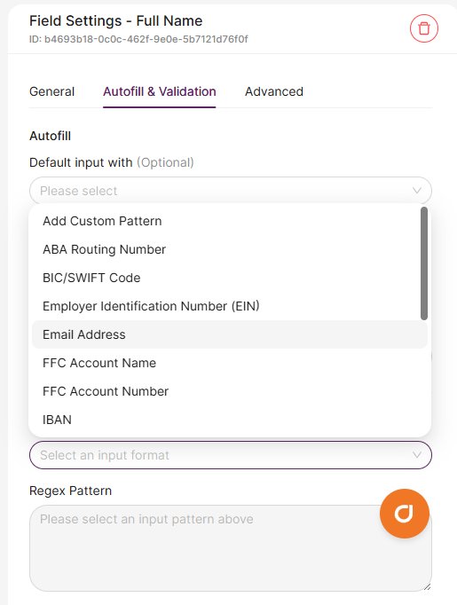 Field Settings showing validation input format options