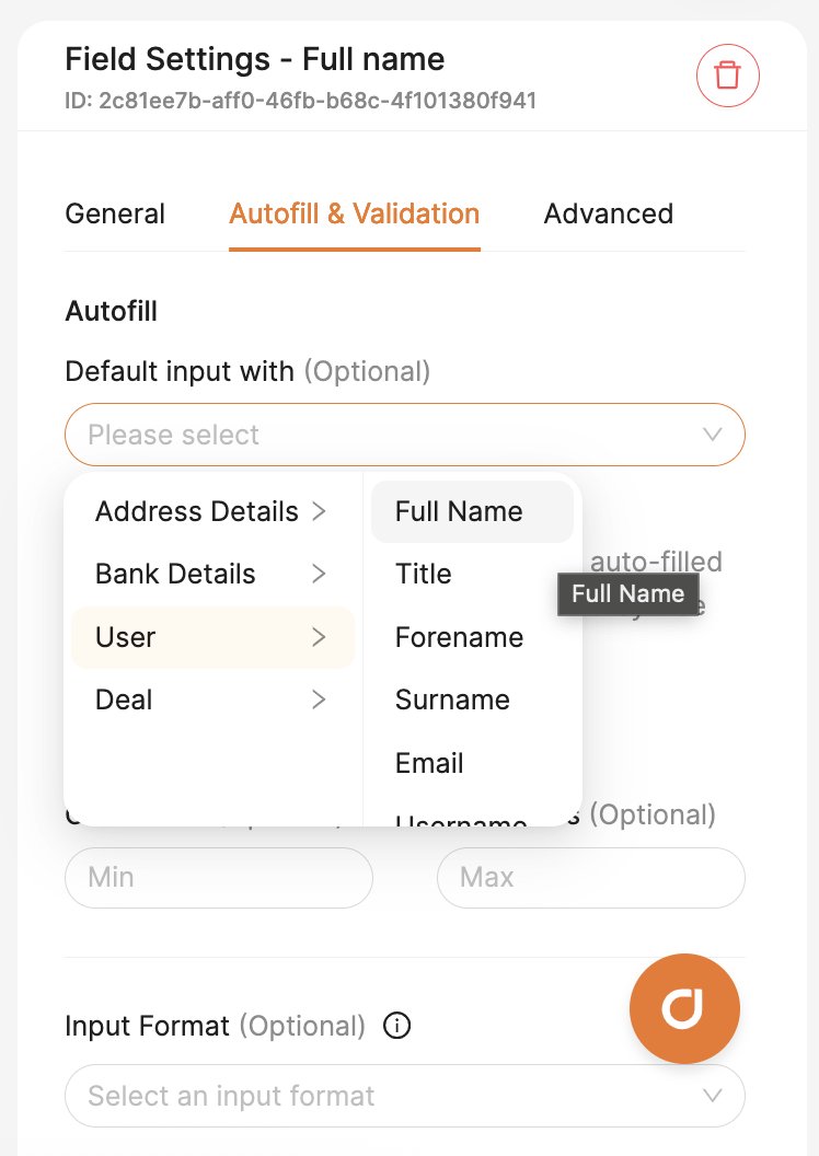 Autofill showing User submenu with Full Name, Title, Forename, Surname, Email options