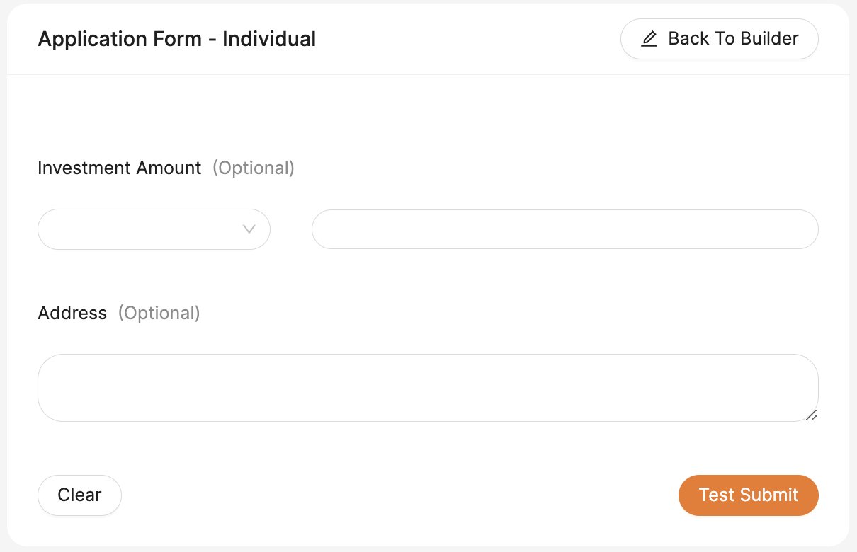 Form preview mode showing the client view with a Test Submit button