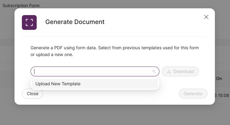 Generate Document modal with template selector and Upload New Template option