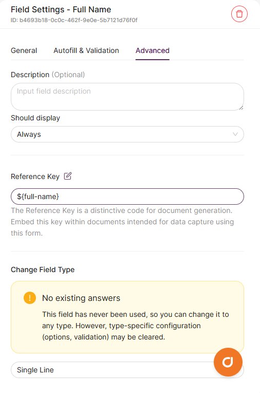 Field Settings Advanced tab showing the Reference Key field
