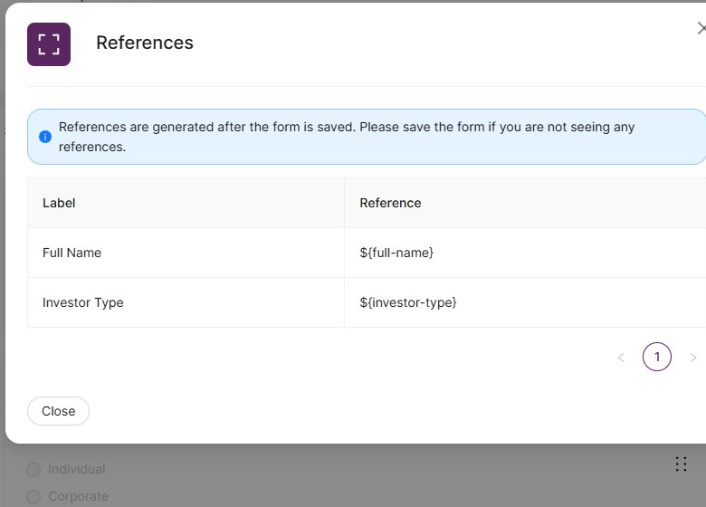 References modal showing a table of field labels and reference keys