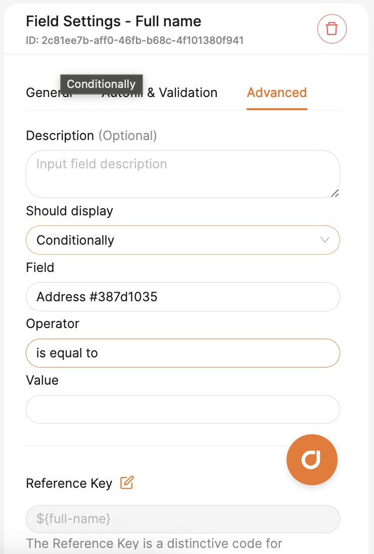 Advanced tab with Conditionally selected showing Field, Operator, and Value configuration