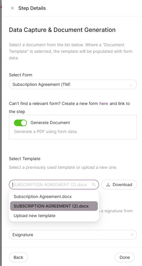 Template selector with Generate Document toggle, template dropdown, and Esignature option