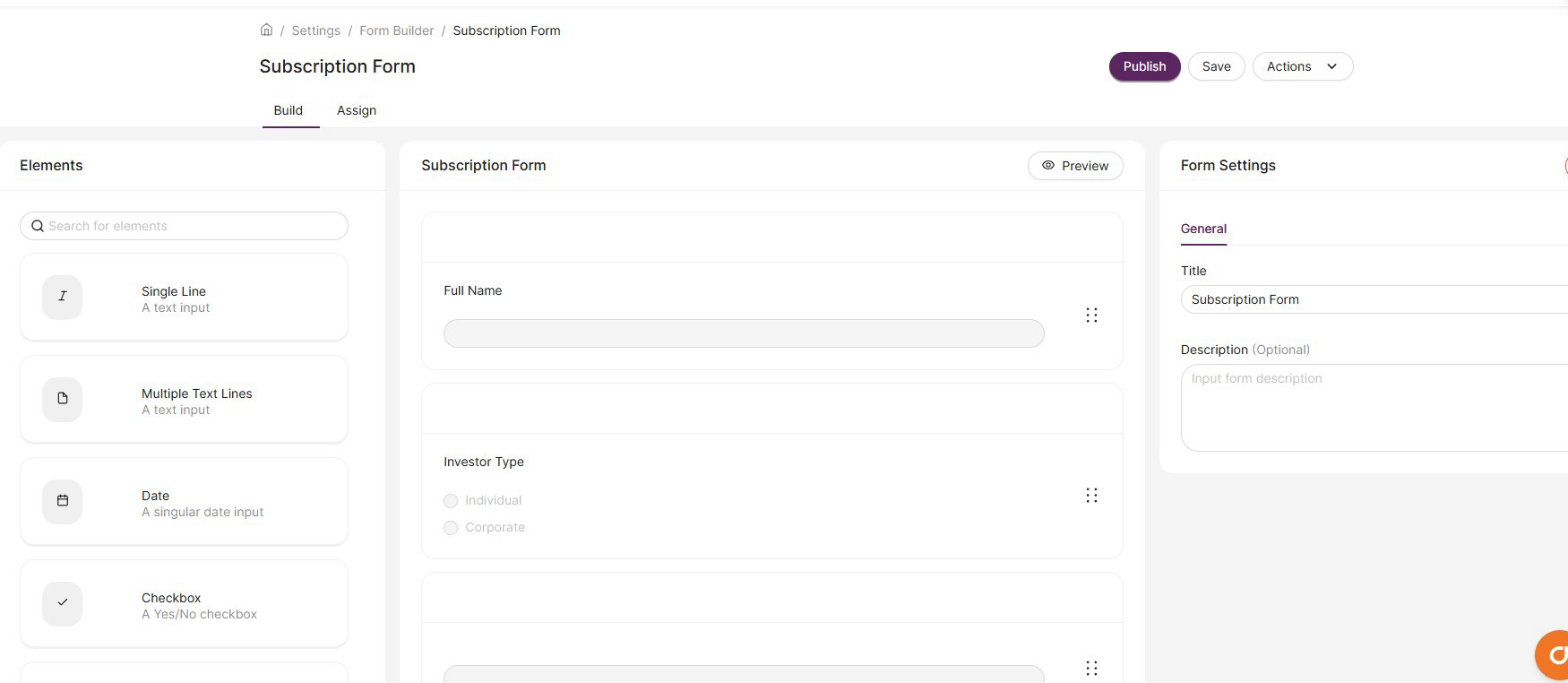 Form Builder editor showing Elements, form canvas, and Form Settings panels