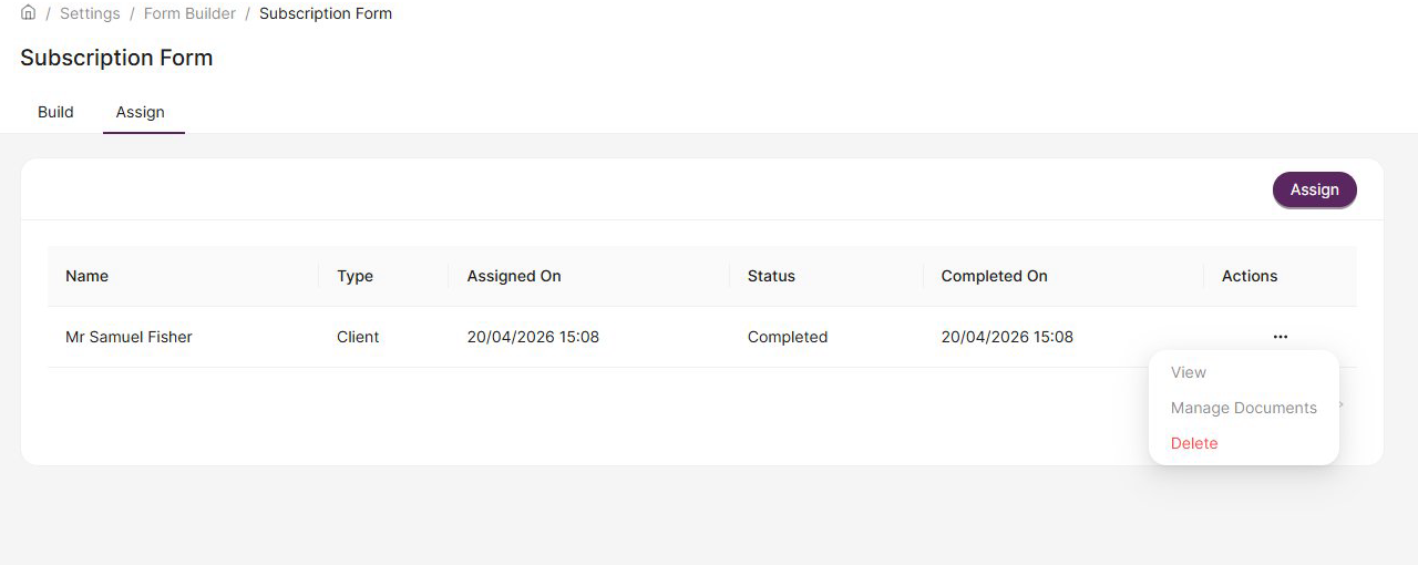 Completed form record with ellipsis menu showing View, Manage Documents, and Delete options
