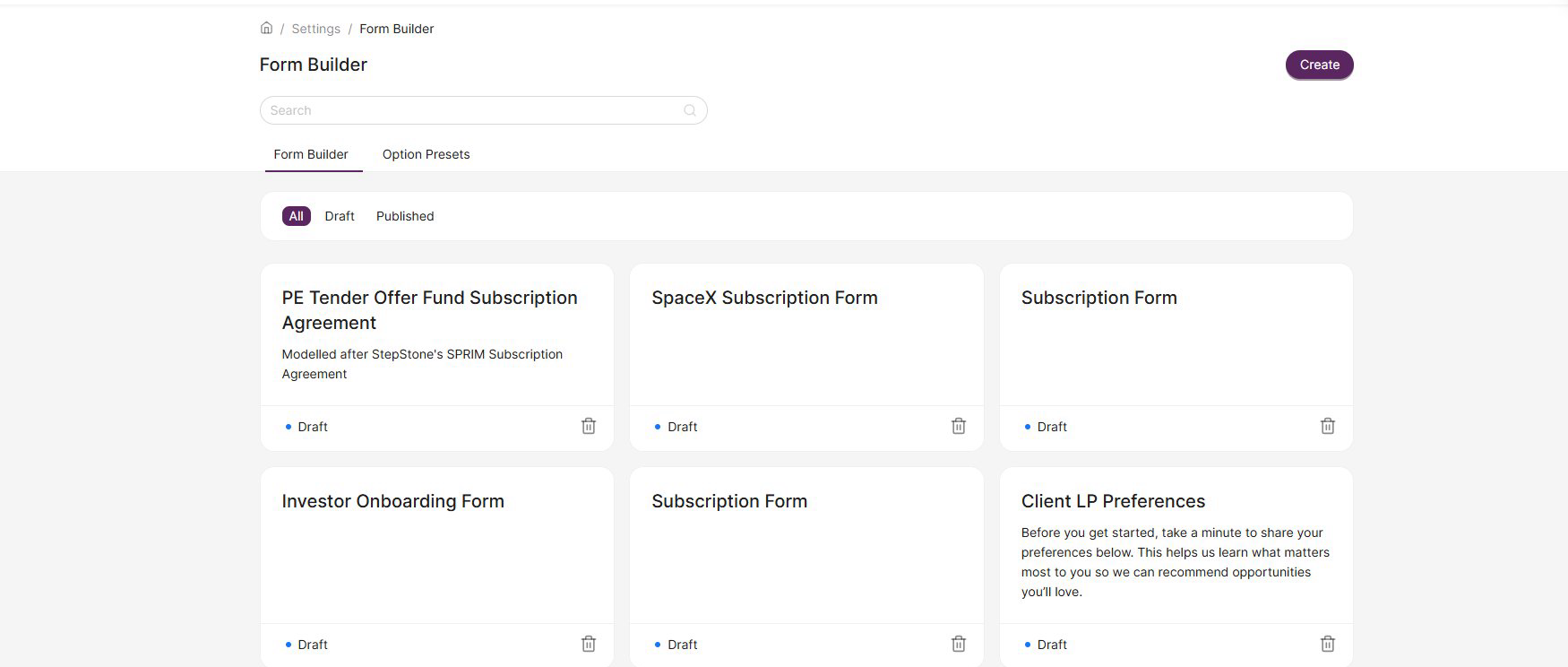 Form Builder landing page showing a list of forms