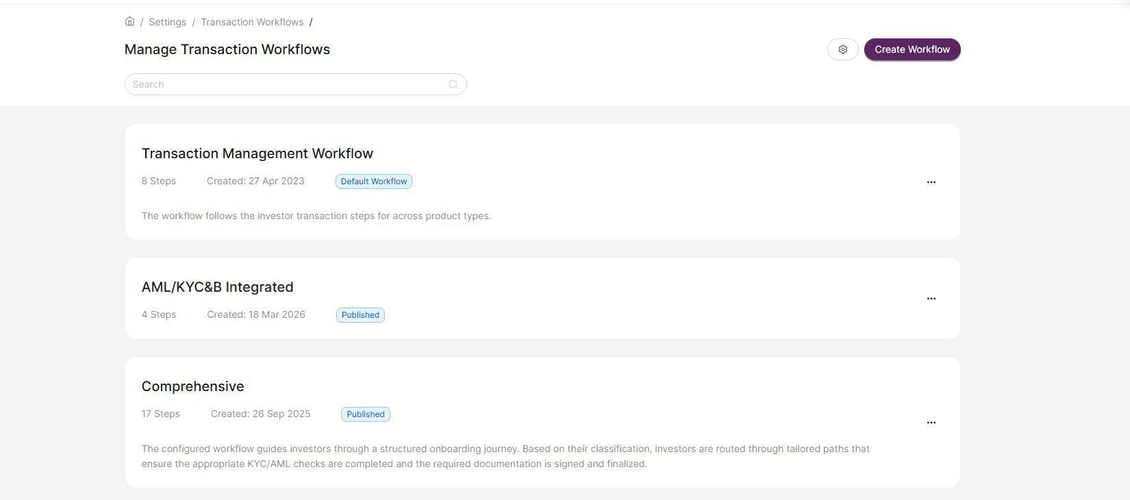 Manage Transaction Workflows page showing a list of workflows