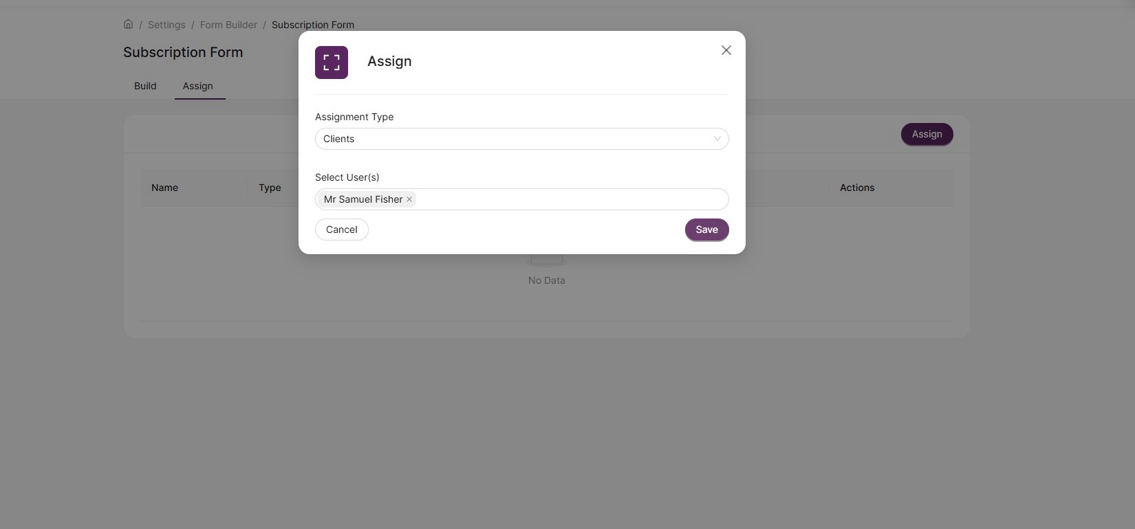 Assign modal with a user selected