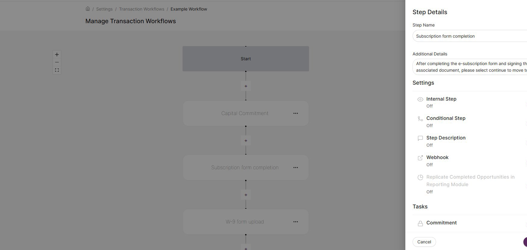 Workflow editor with Step Details panel open on the right