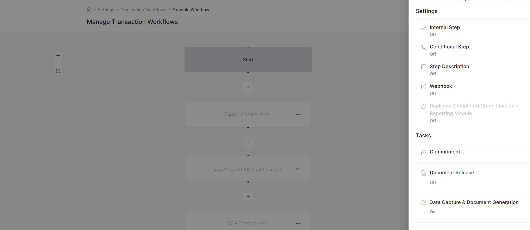 Step Details panel scrolled to show Data Capture and Document Generation under Tasks