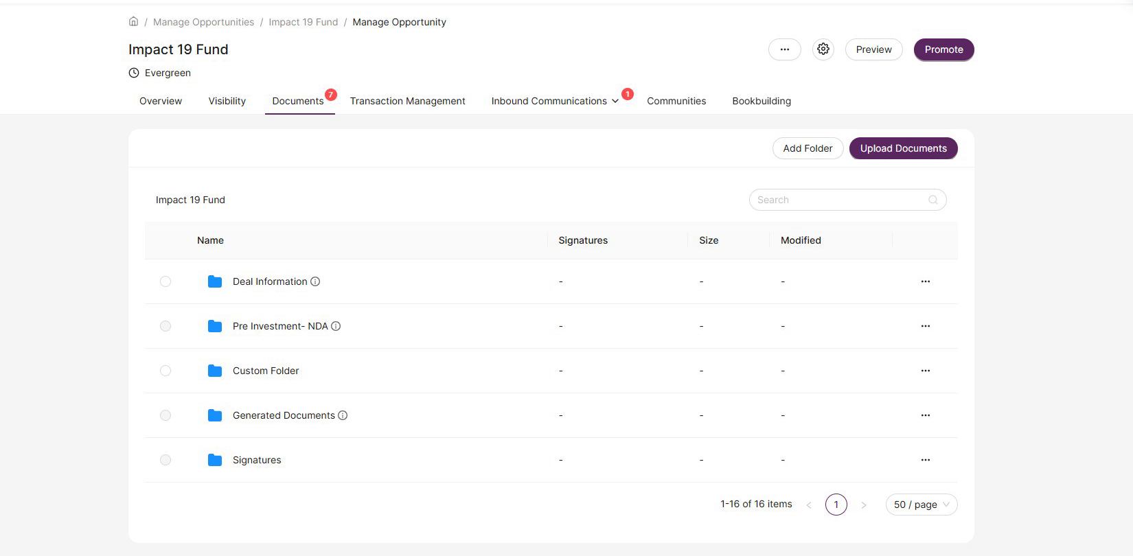 Documents tab within a deal showing the Generated Documents folder