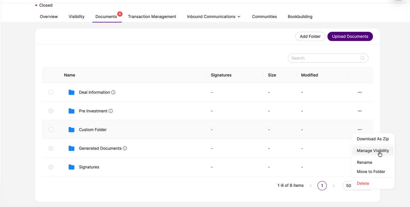 The ⋯ menu on a custom folder — Manage Visibility is available