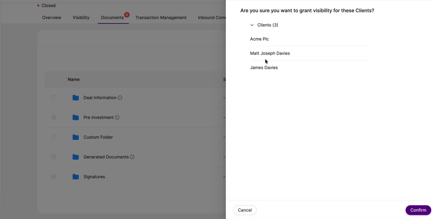 The confirmation screen listing clients to be granted access