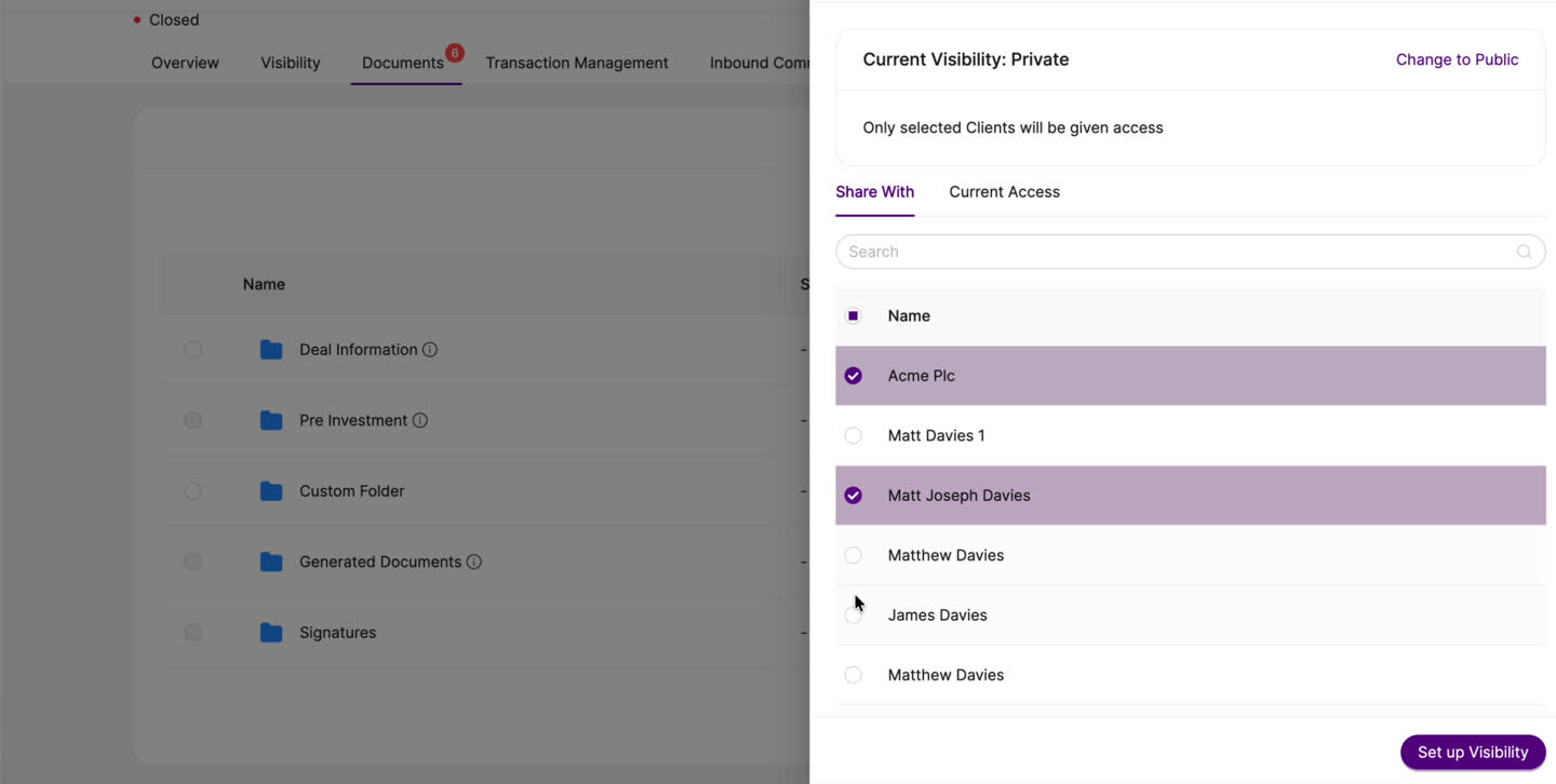 The Share With tab with multiple clients selected