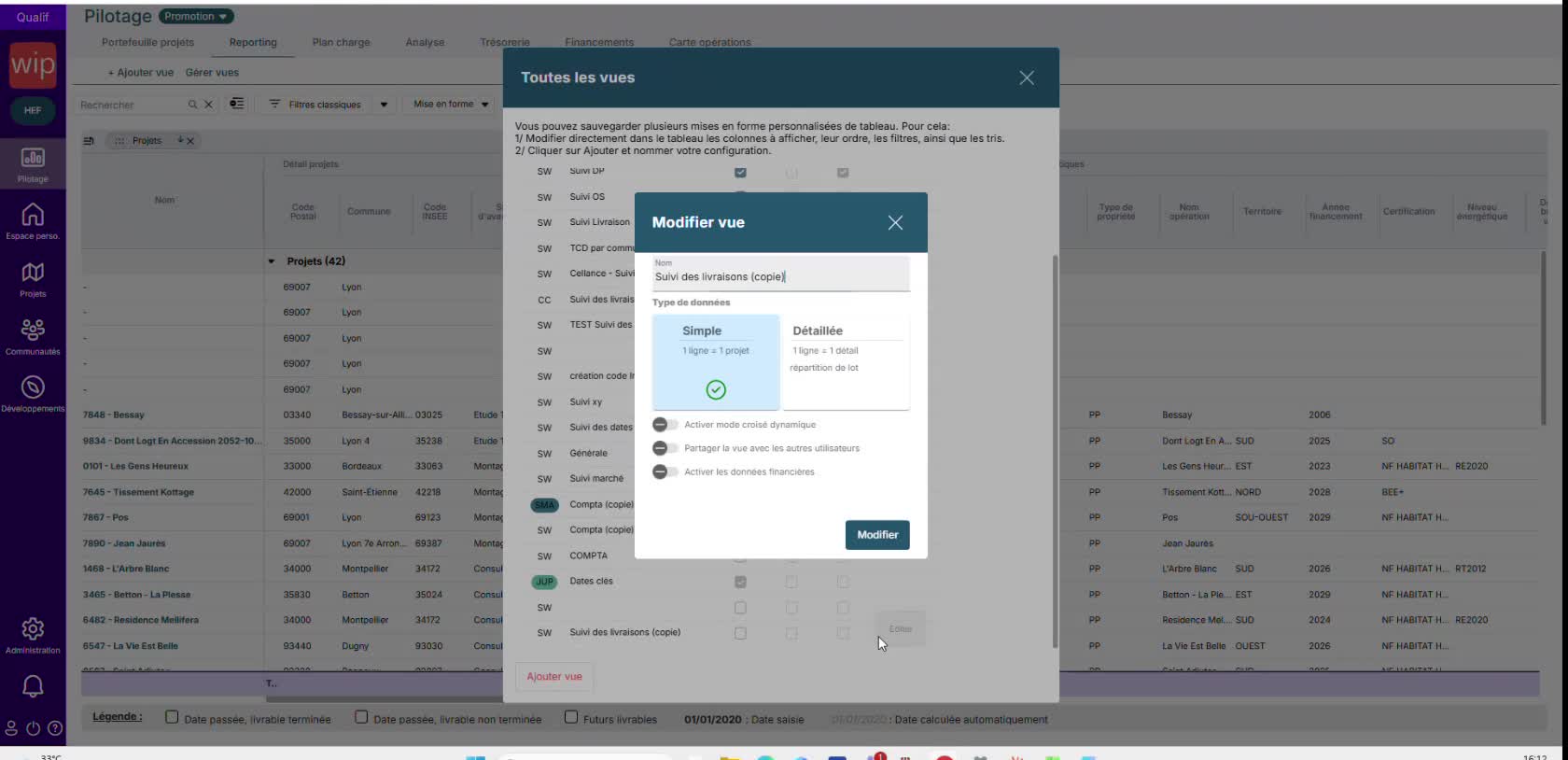 La fenêtre « Modifier vue » : choix Simple / Détaillée et interrupteurs de partage